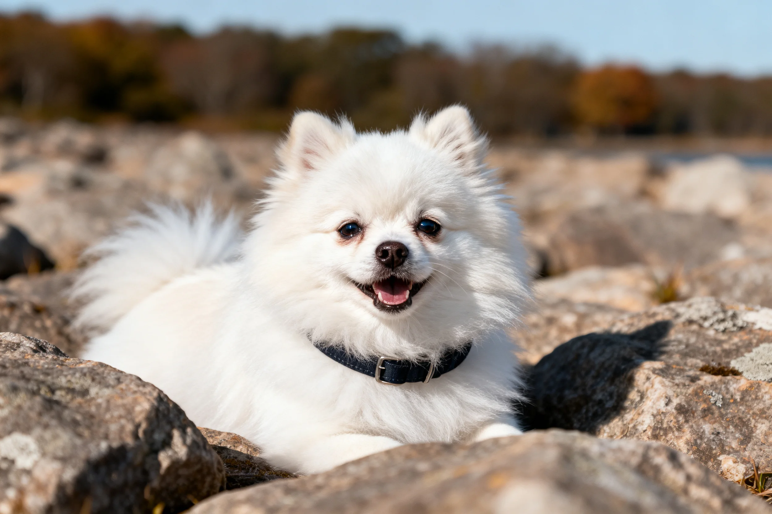一只博美犬趴在岩石上,白色蓬松毛发清晰可见,嘴巴张开露出粉色舌头。