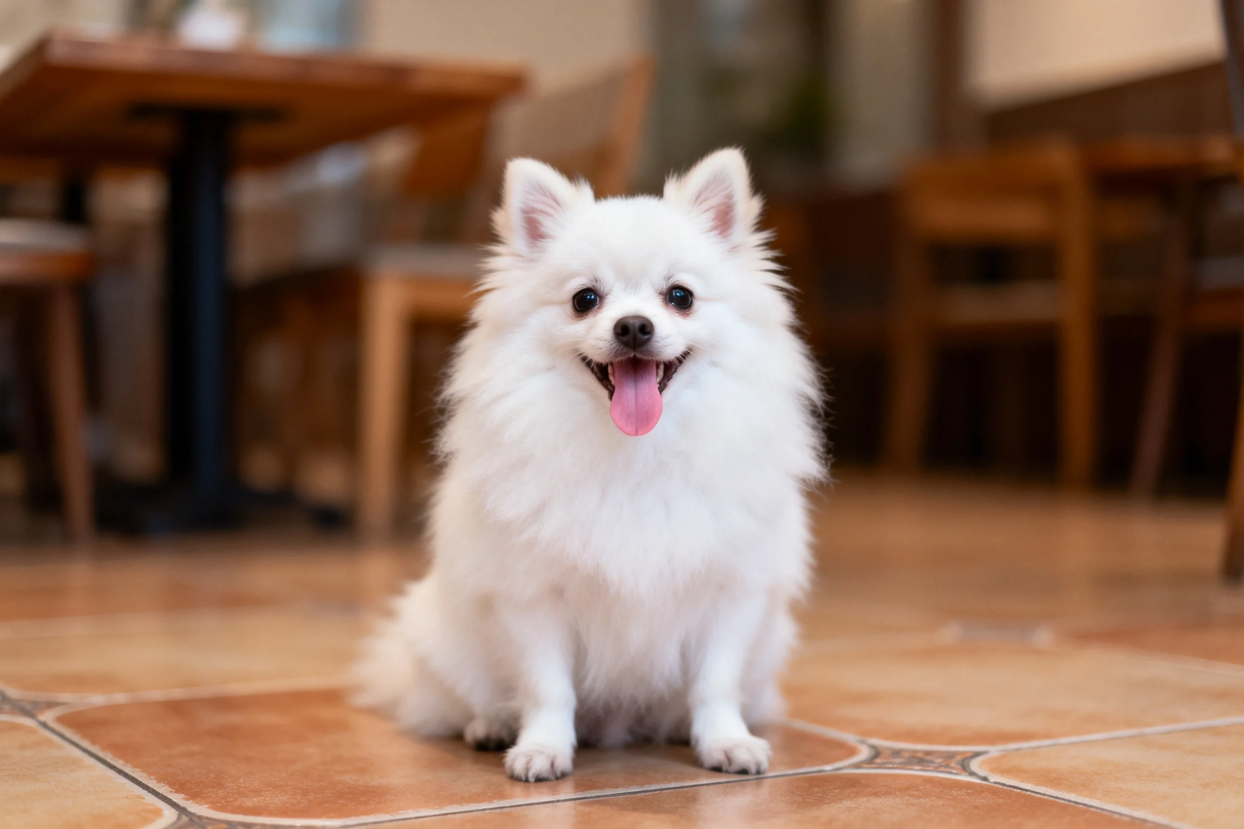 一只白色的博美犬坐在餐厅的瓷砖地面上,嘴巴张开露出粉红色舌头,毛发蓬松柔软。