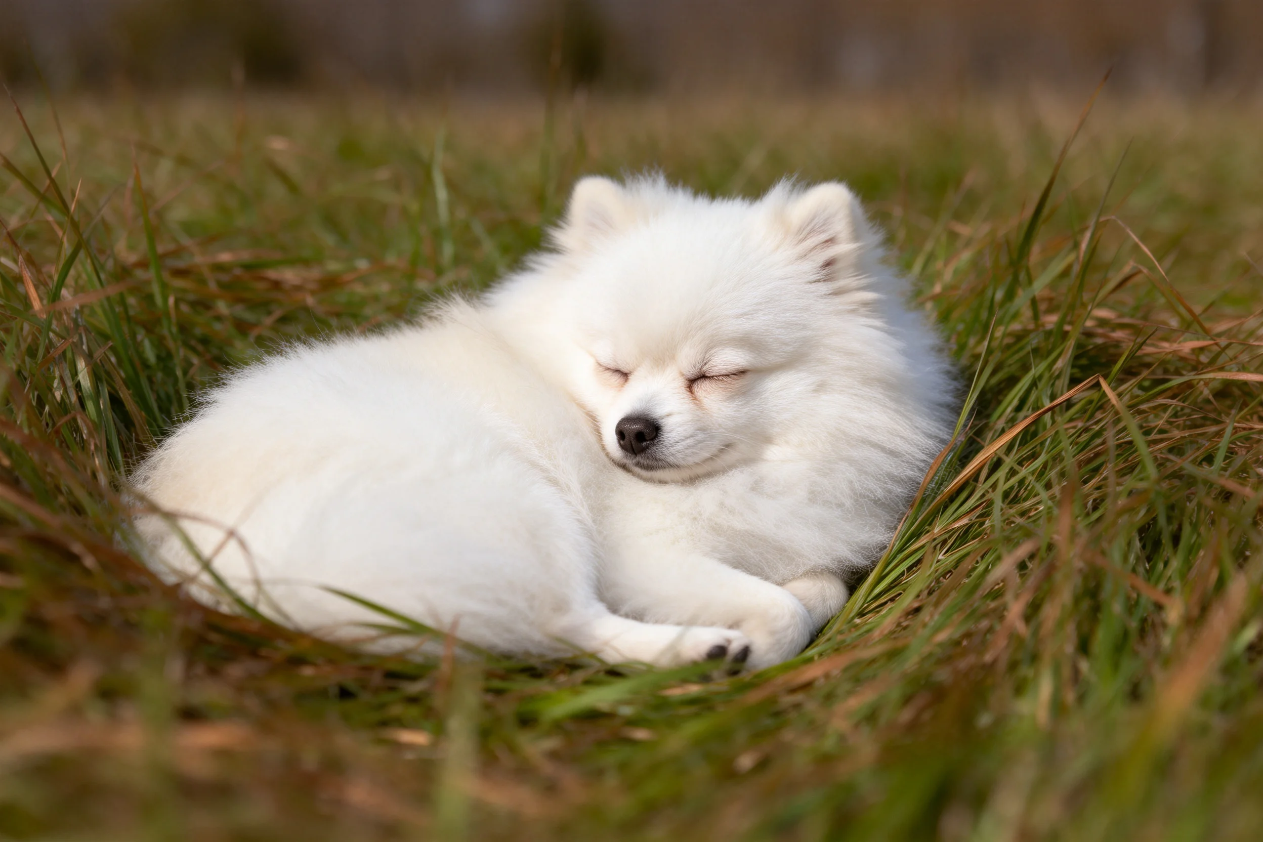 一只博美幼犬蜷缩在户外草地上,蓬松的白色毛发贴附在柔软的青草之上。