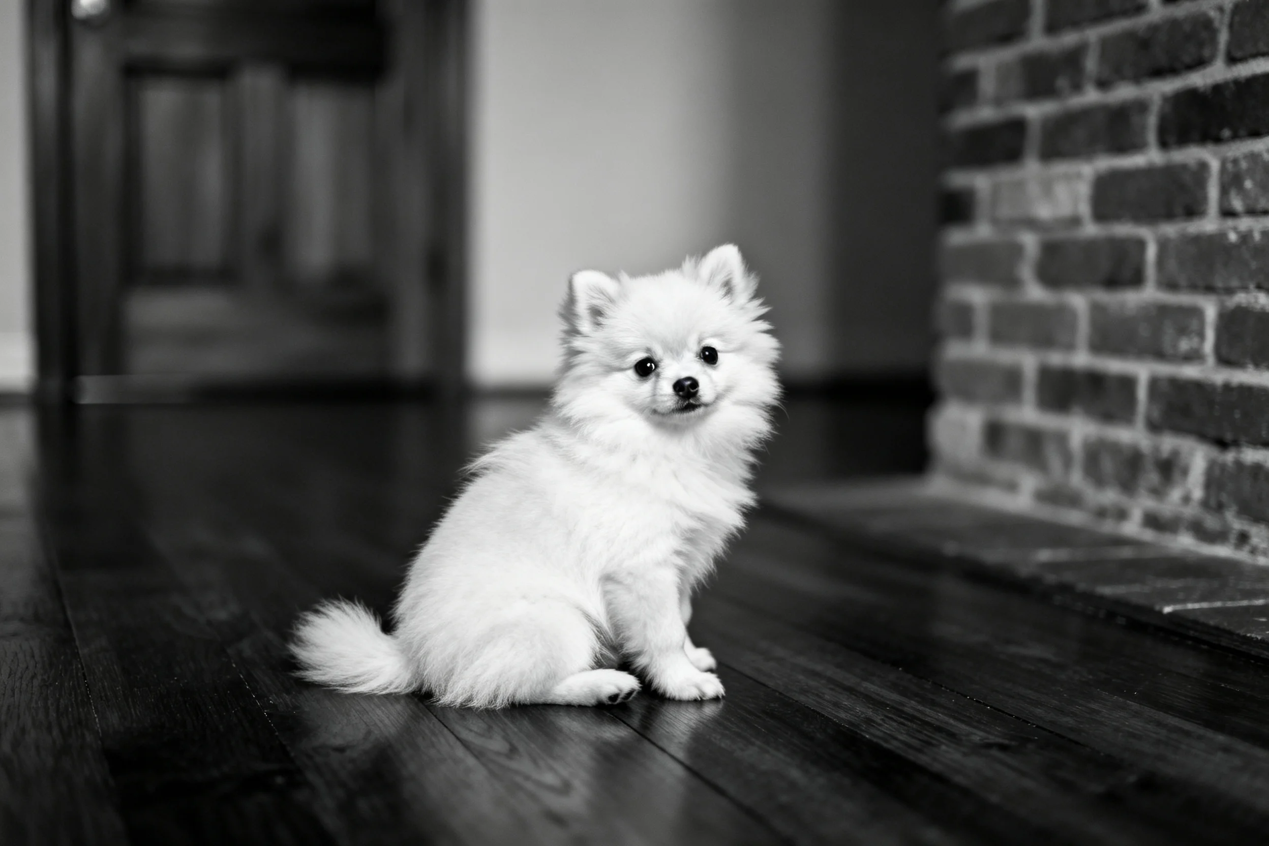 一只博美犬安静地坐在深色木地板上,蓬松洁白的毛发清晰可见。