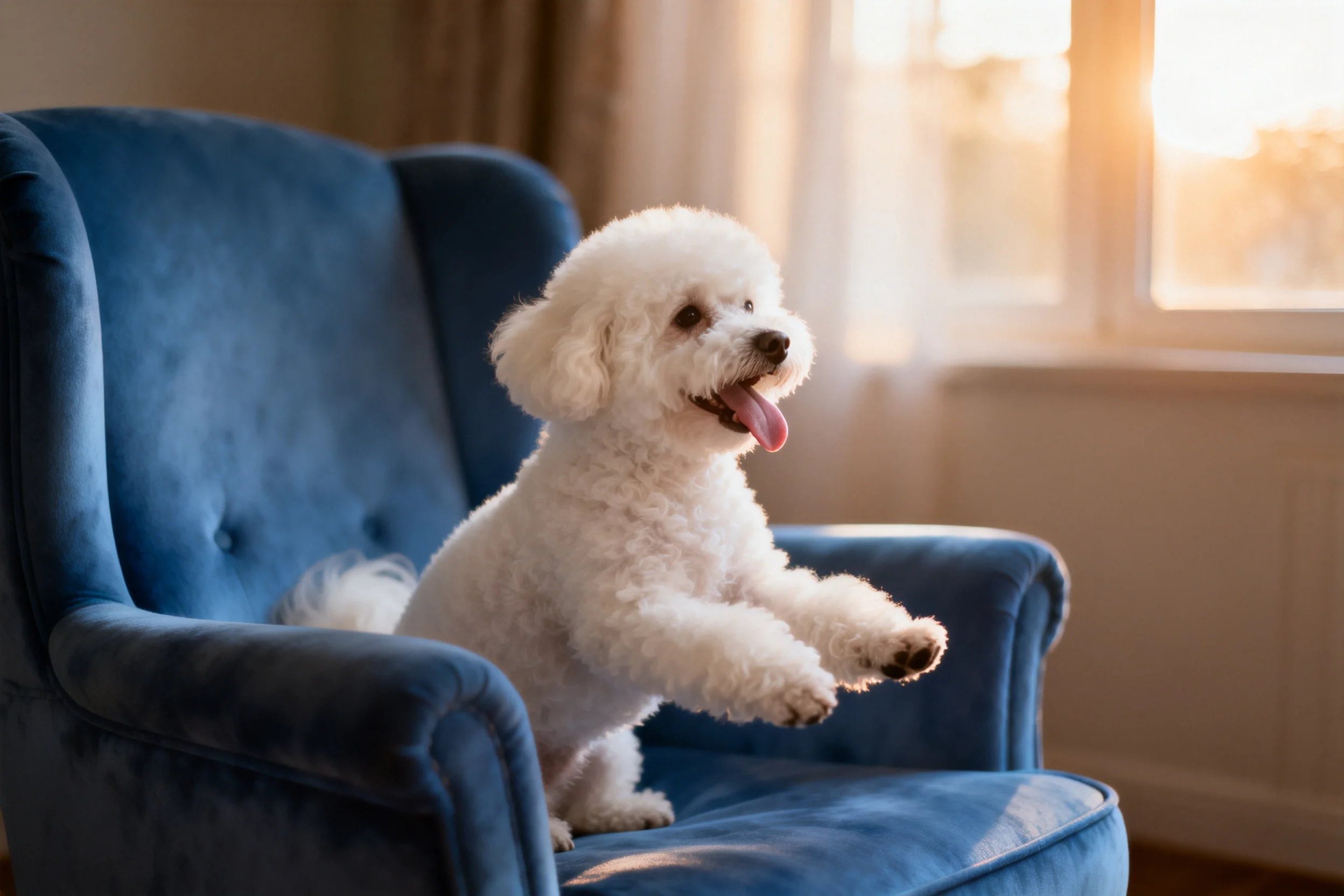 比熊犬白色卷曲毛发蓬松,正坐在蓝色绒面扶手椅上,姿态活泼。