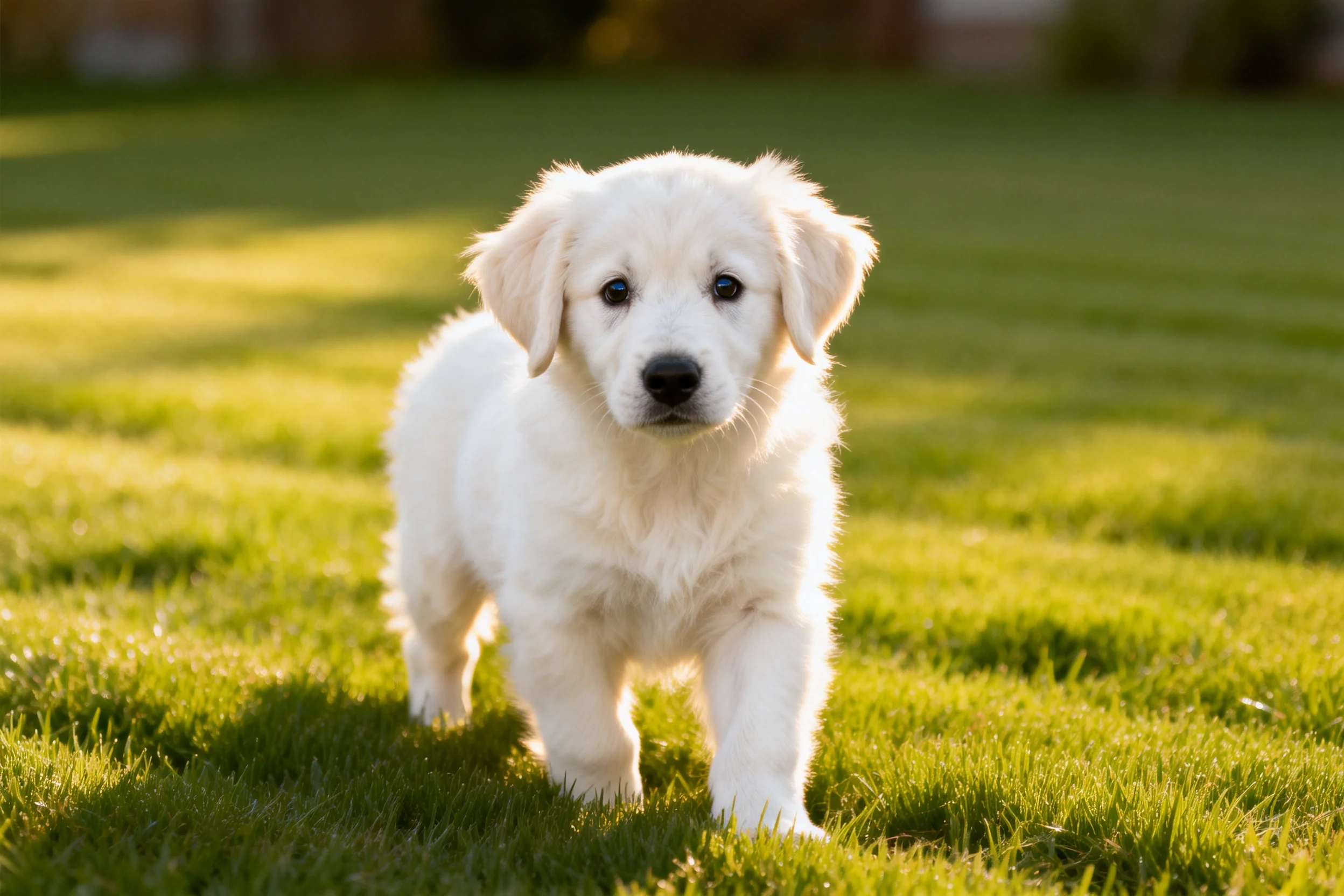 一只金毛幼犬站在阳光照耀的绿色草地上,白色蓬松毛发清晰可见。