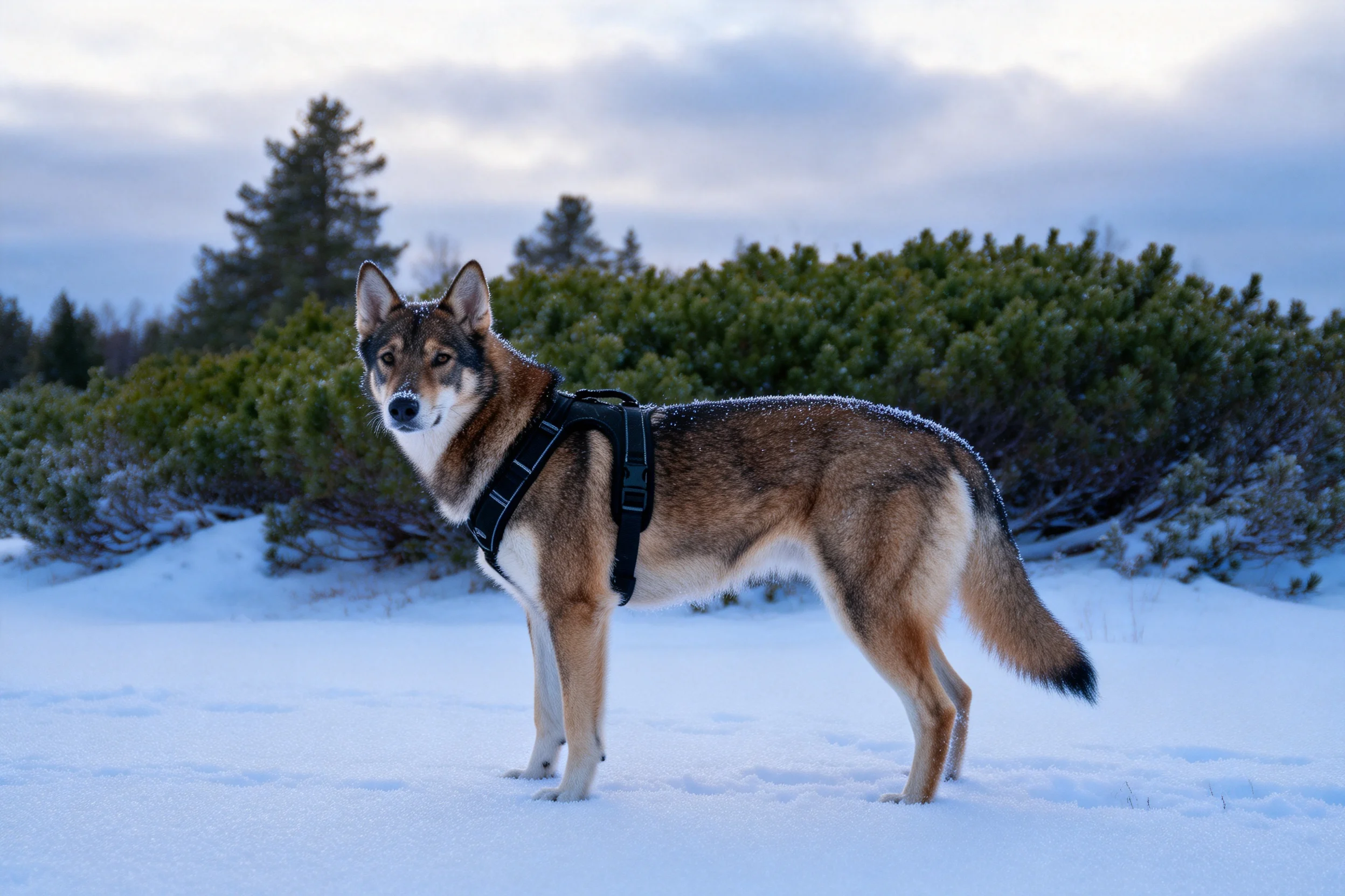 北极狼犬站在雪地上，身上穿着黑色牵引带，毛发呈现出棕褐与白色相间的纹理。