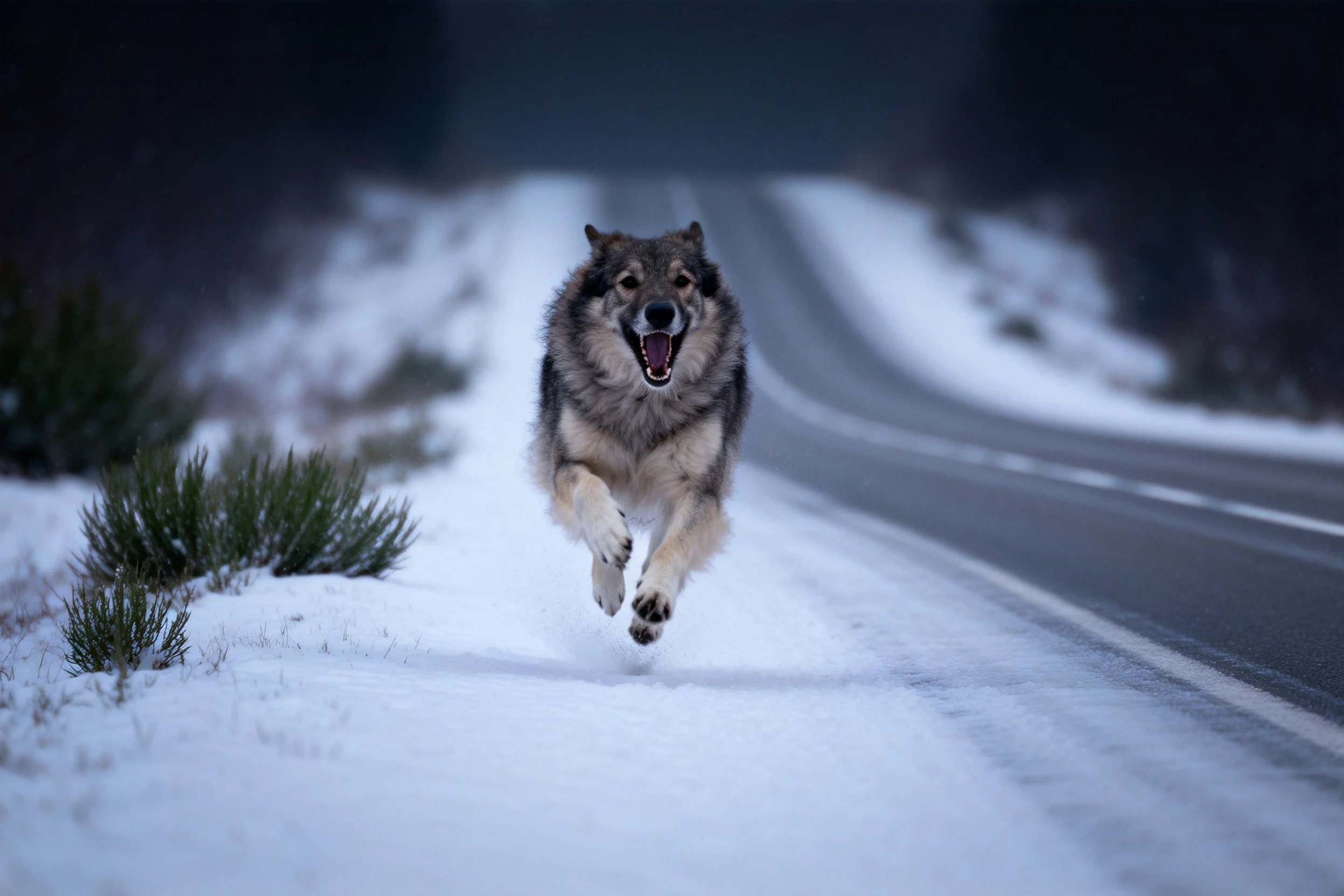 一只灰褐色毛发的狼犬在积雪道路上全力奔跑,嘴巴张开,展现出奔跑时的动态姿态。
