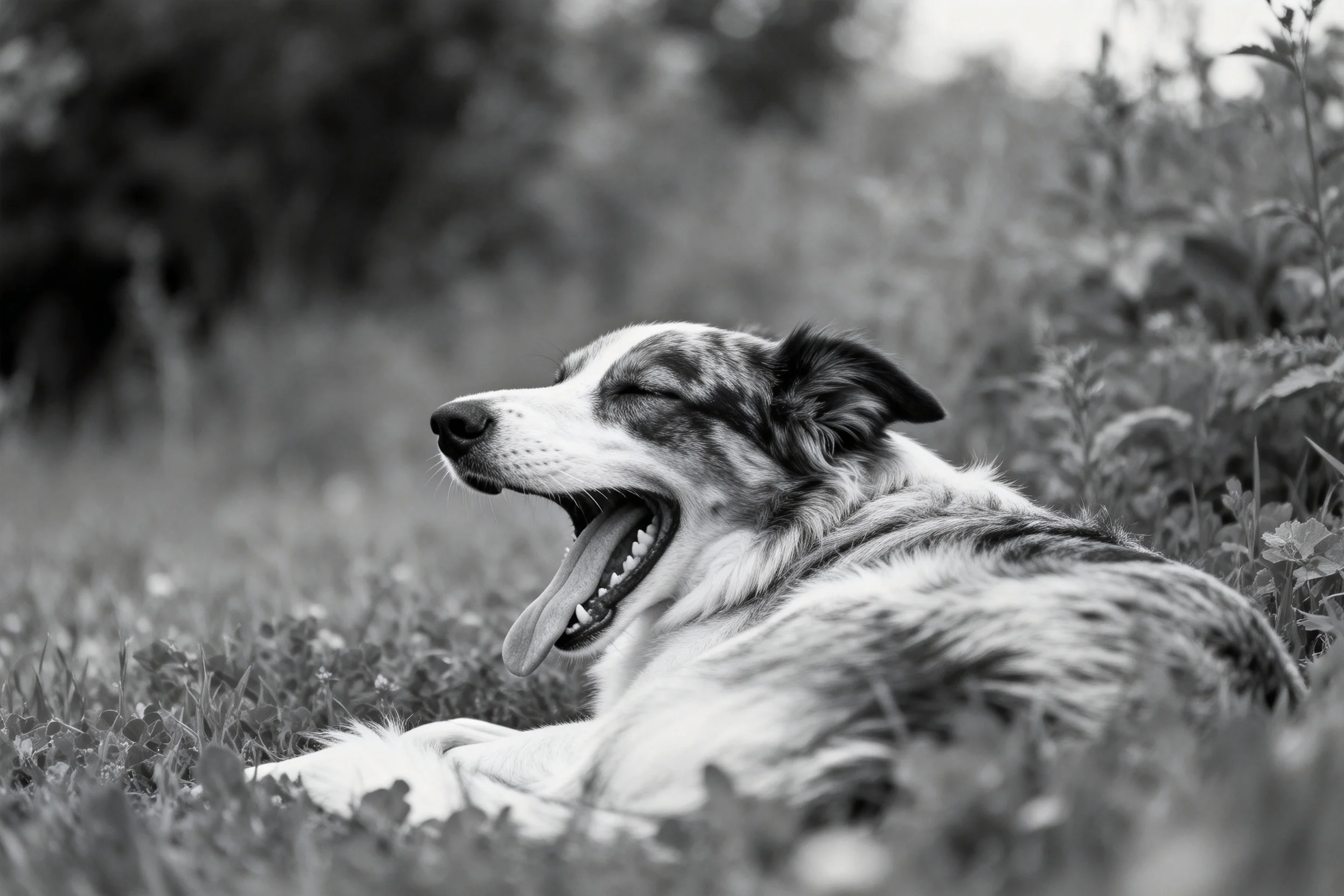 边境牧羊犬张着嘴巴打哈欠,黑白相间的毛发清晰可见。