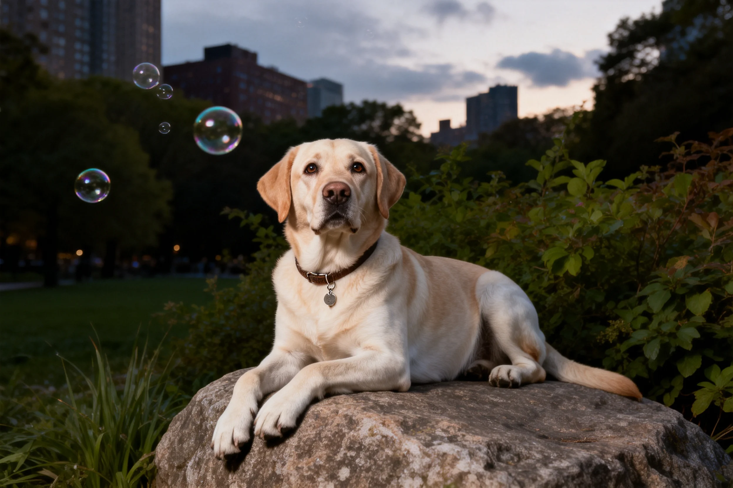 黄色拉布拉多猎犬趴卧在岩石上,浅金色被毛顺滑贴附在岩石表面,周围有肥皂泡漂浮。