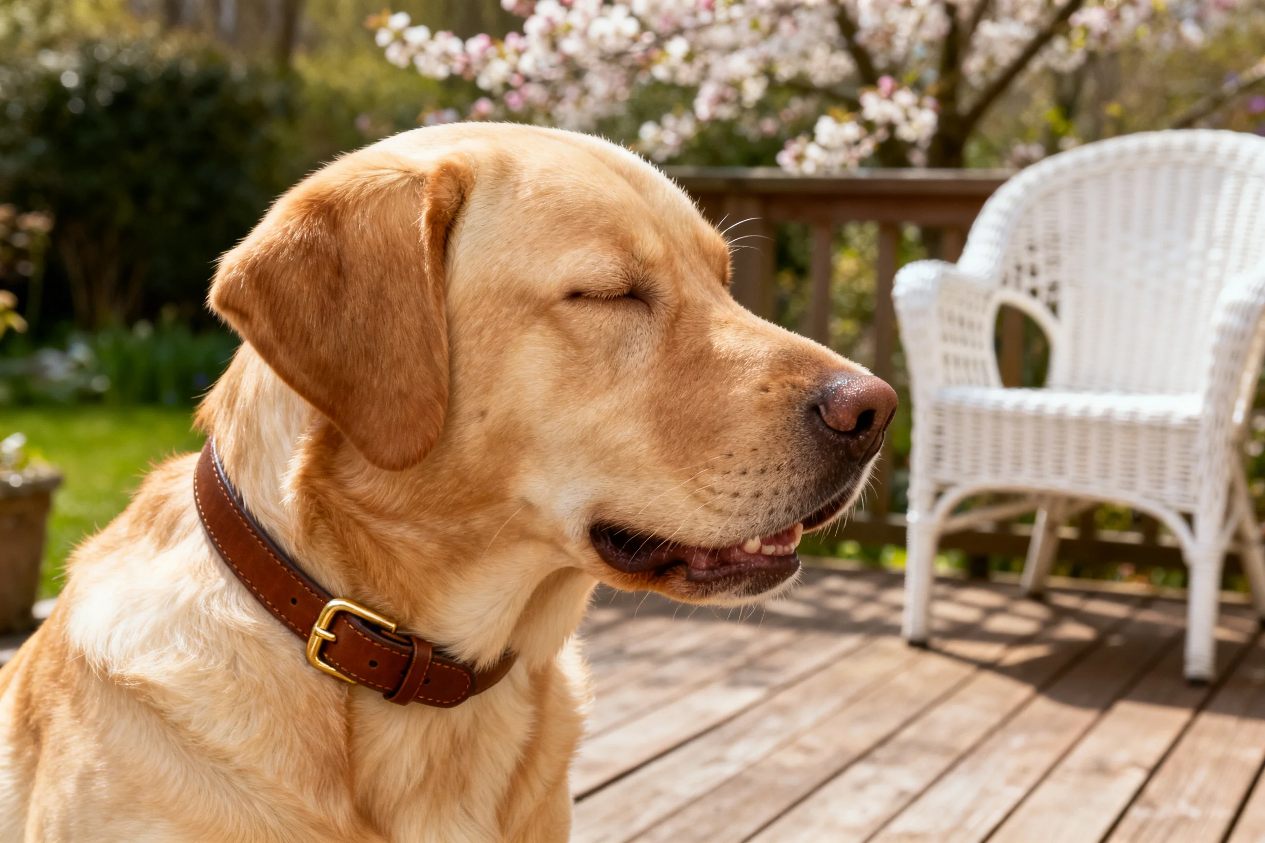黄色拉布拉多猎犬闭眼享受阳光,脖颈处的棕色皮质项圈清晰可见。