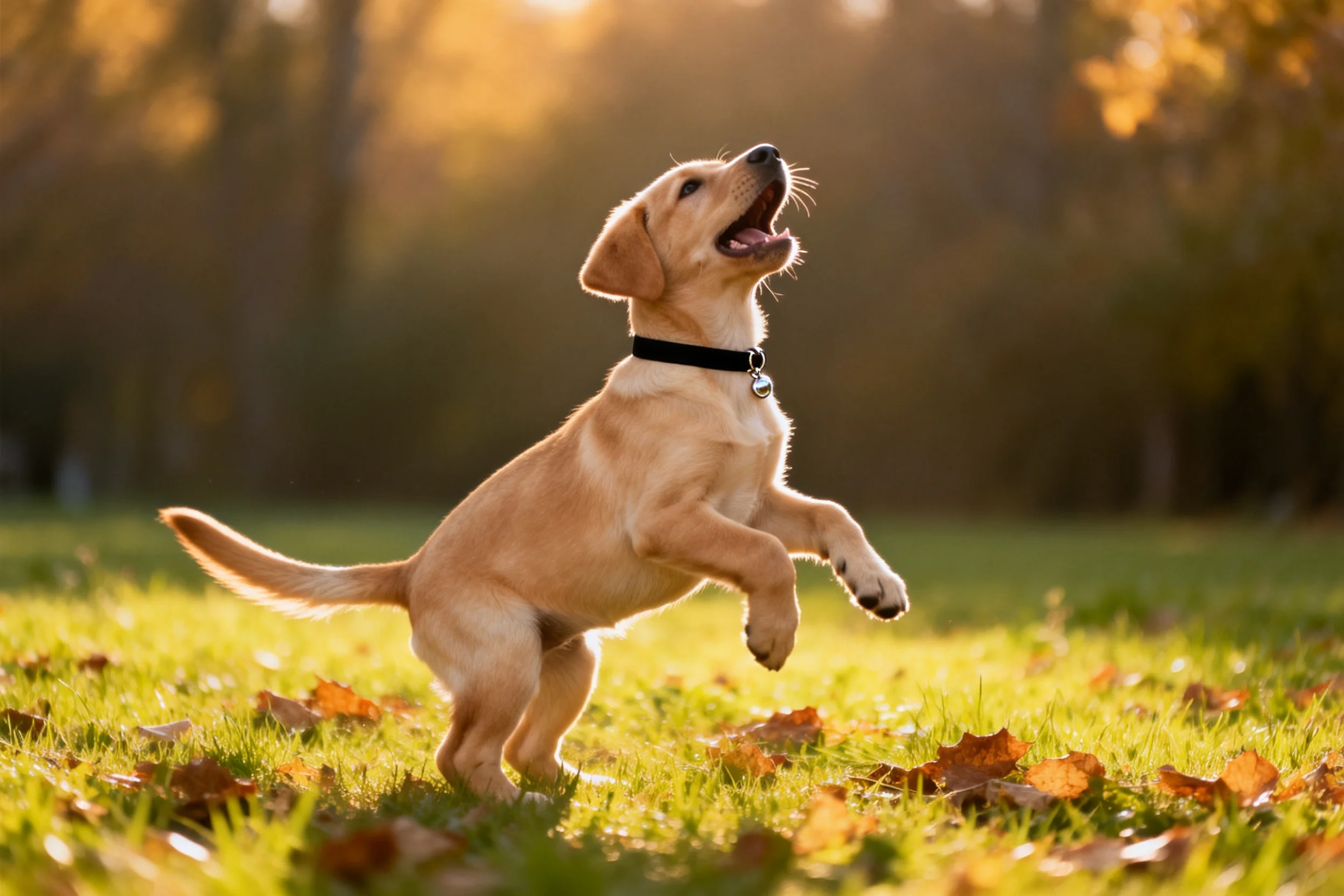 一只金毛幼犬在阳光下草地跳跃,金黄色毛发清晰可见,嘴巴张开呈现活跃状态。