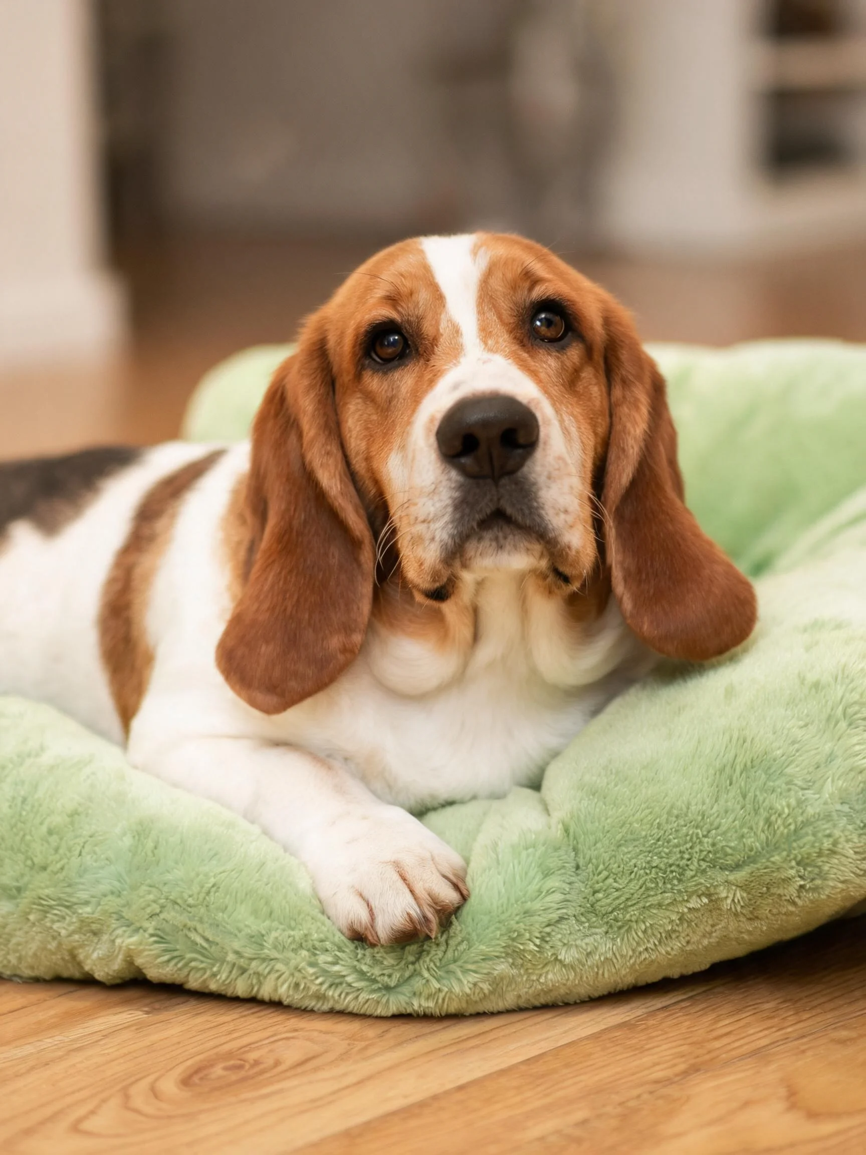 巴吉度猎犬趴在柔软的绿色宠物床上,长耳垂落,白棕相间的毛发清晰可见。