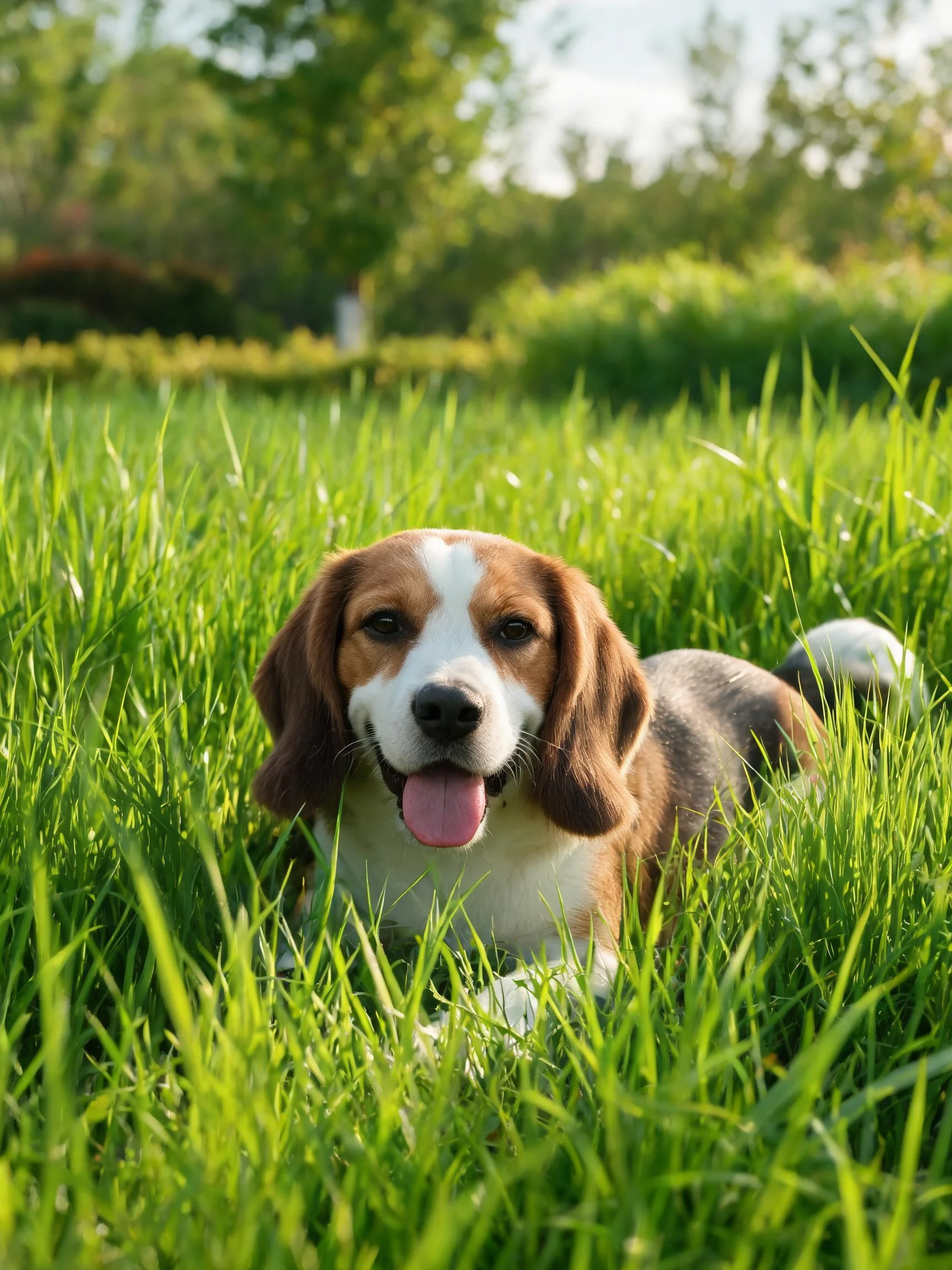 比格犬在绿色草地上,三色皮毛,舌头轻吐,处于阳光明媚的户外环境。