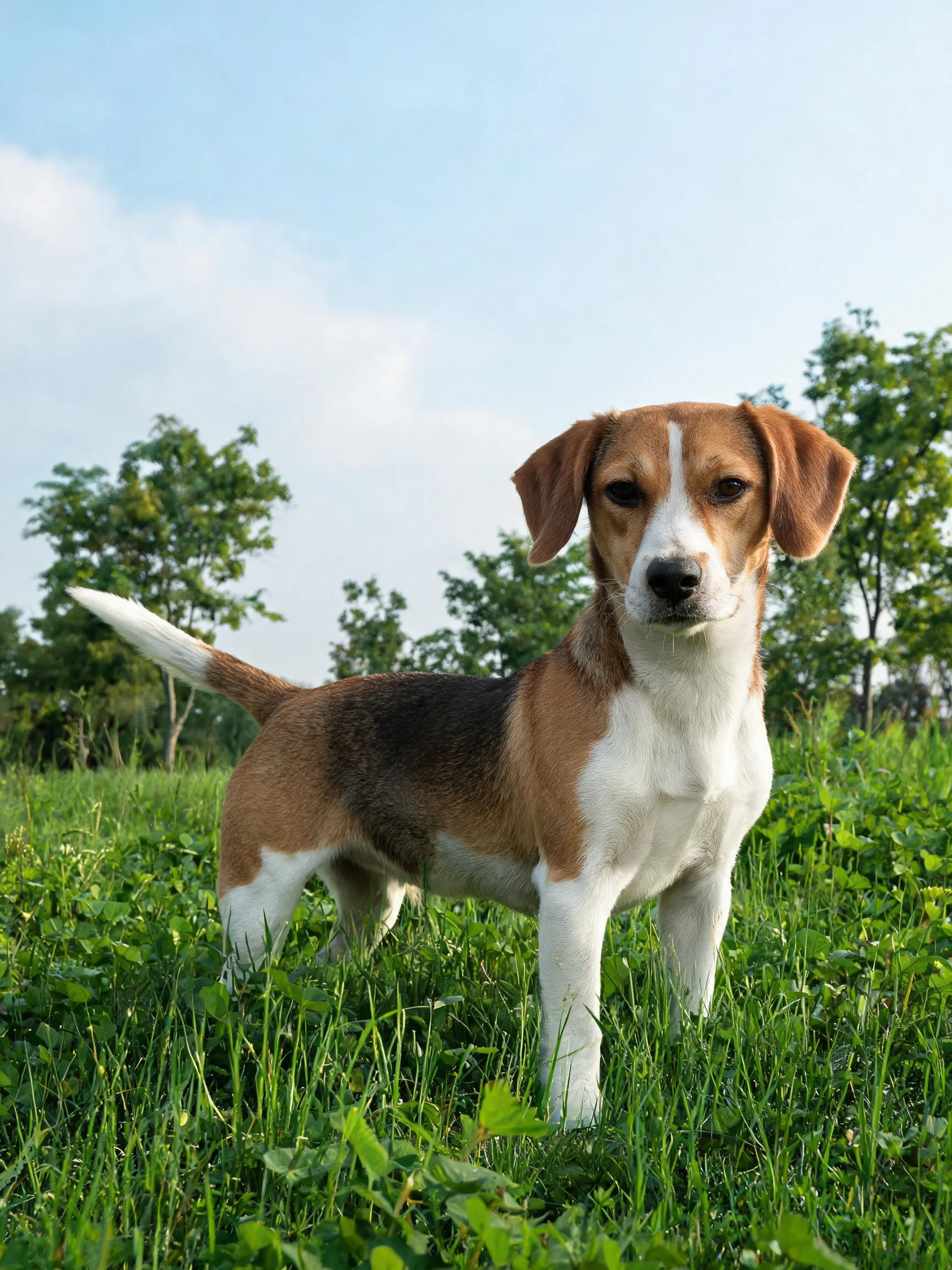 比格犬幼崽站在青草地上,棕白相间的毛发清晰可见,耳朵下垂。
