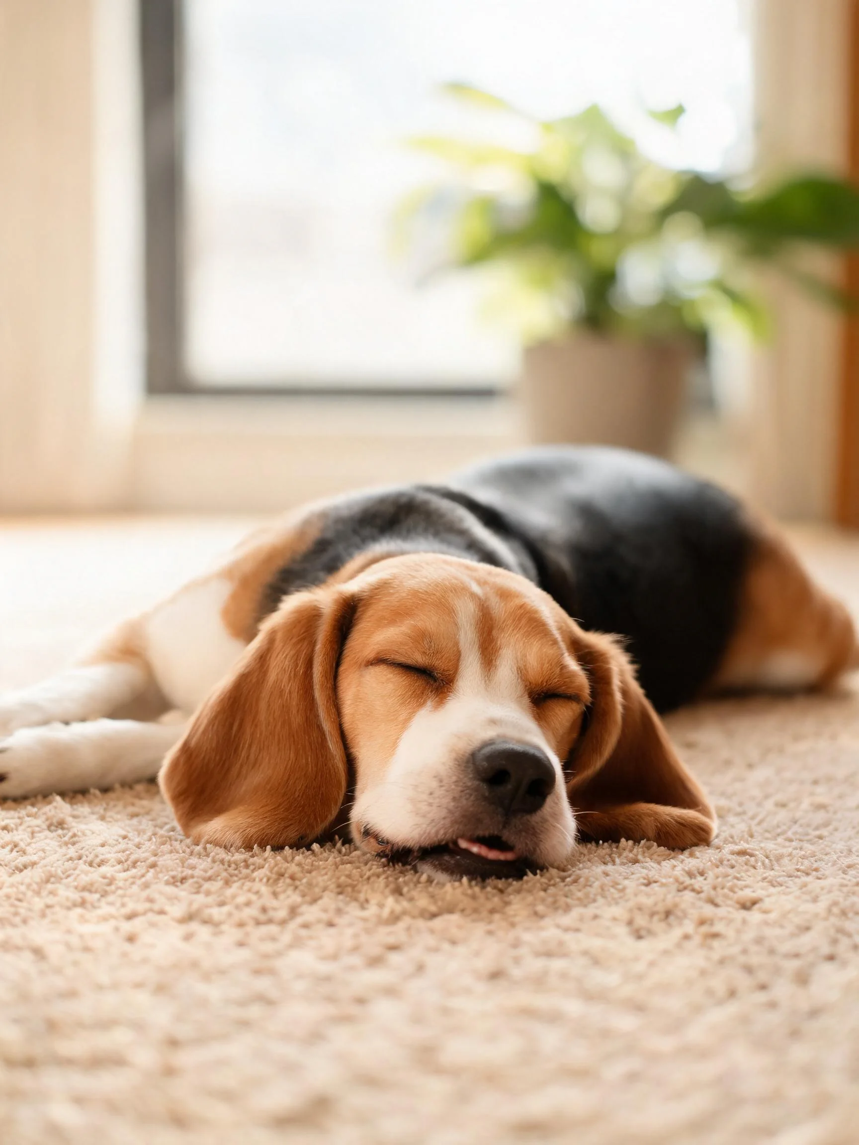 比格犬闭眼安睡,黑棕白三色毛发贴伏在浅棕色地毯上。