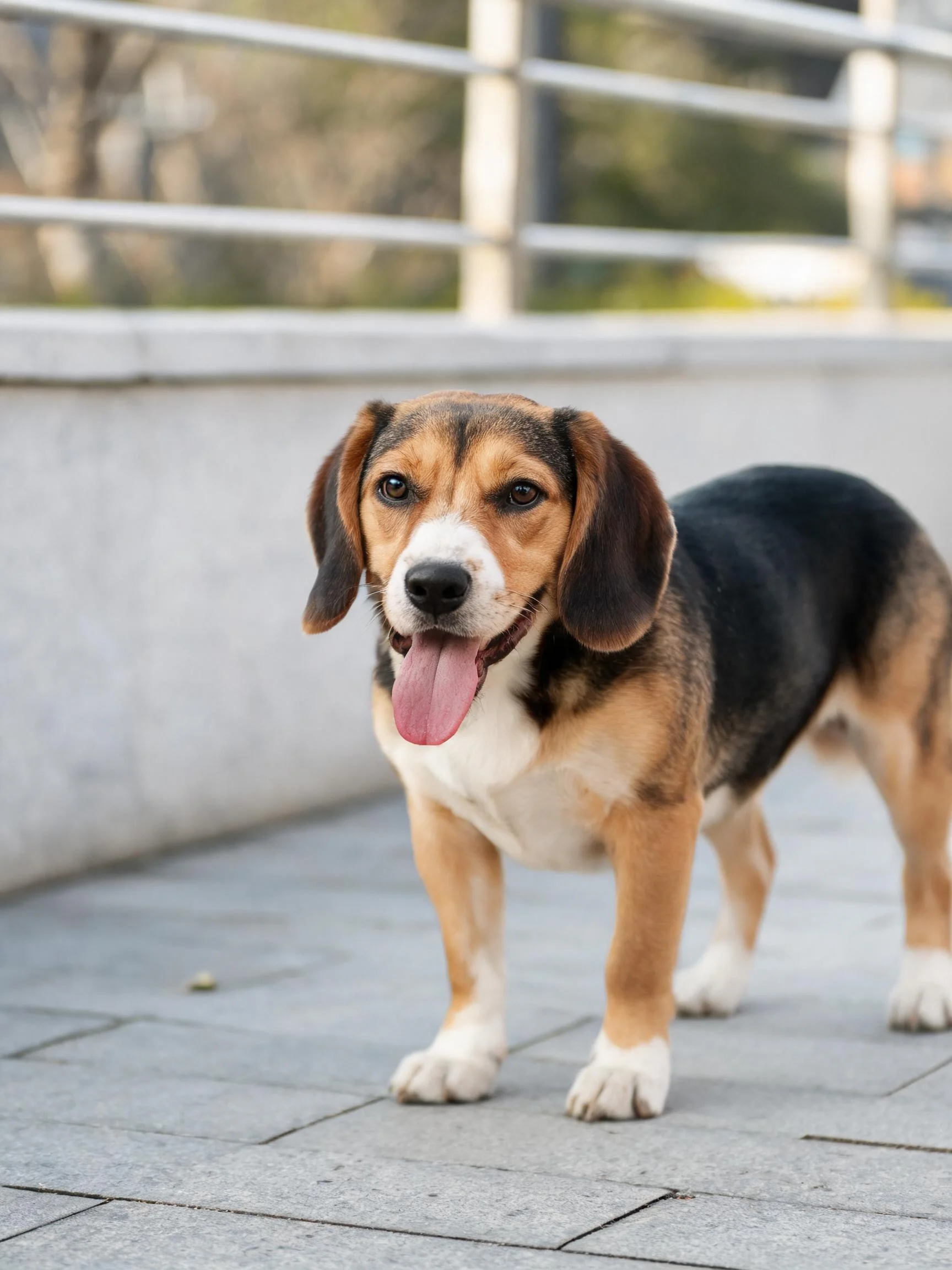 比格犬张着嘴露出湿润的粉色舌头,三色毛发清晰可见。