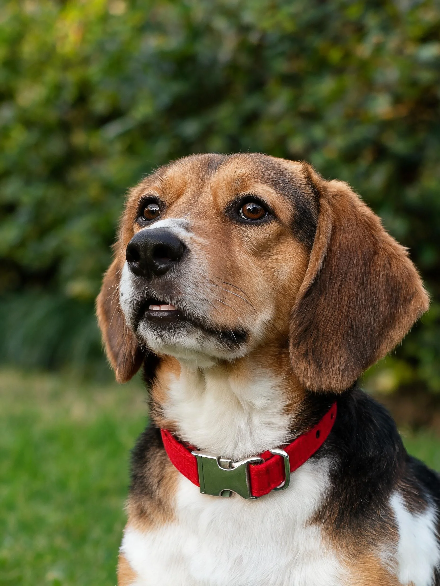 一只戴着红色项圈的比格犬,抬头凝视着上方,其棕白黑相间的毛发清晰呈现。
