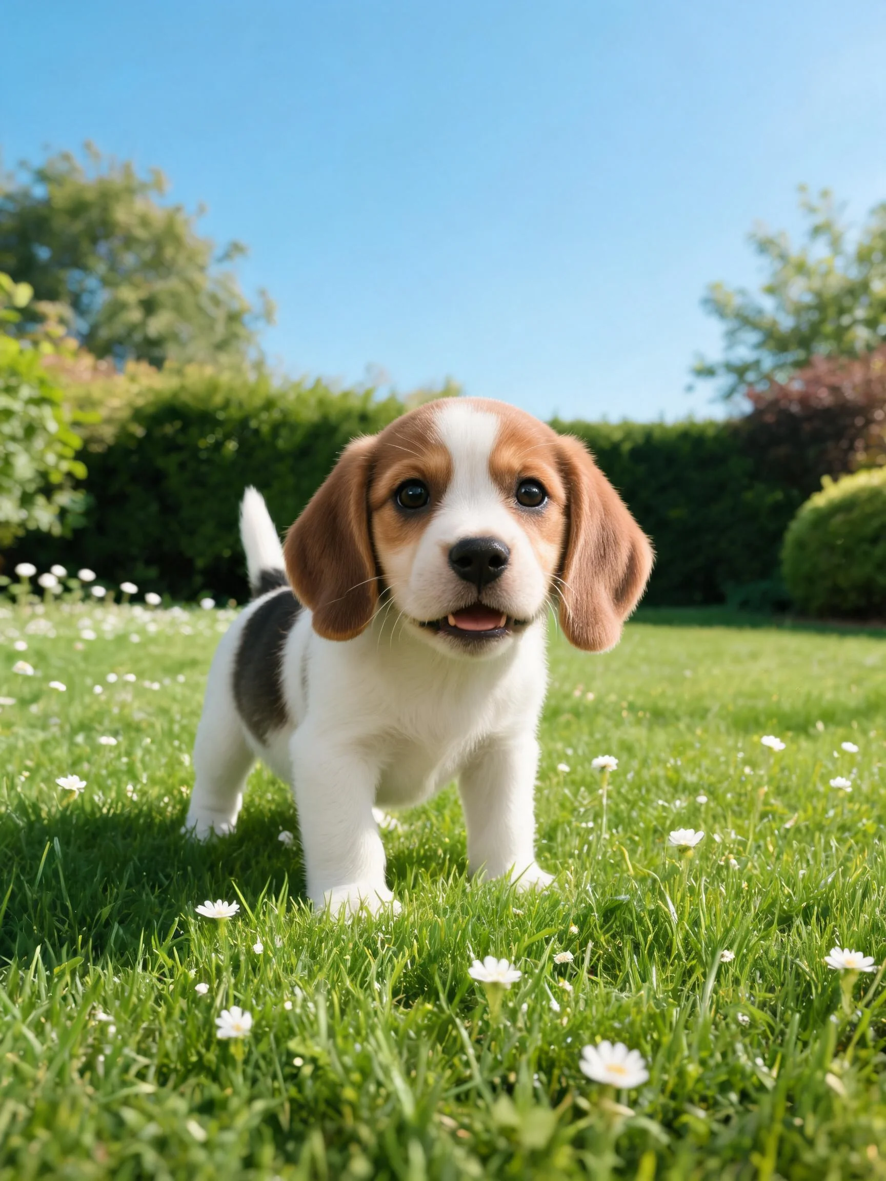 一只比格幼犬站在开满小白花的绿色草坪上,耳朵下垂,眼睛明亮,毛发洁白带有棕色斑块。