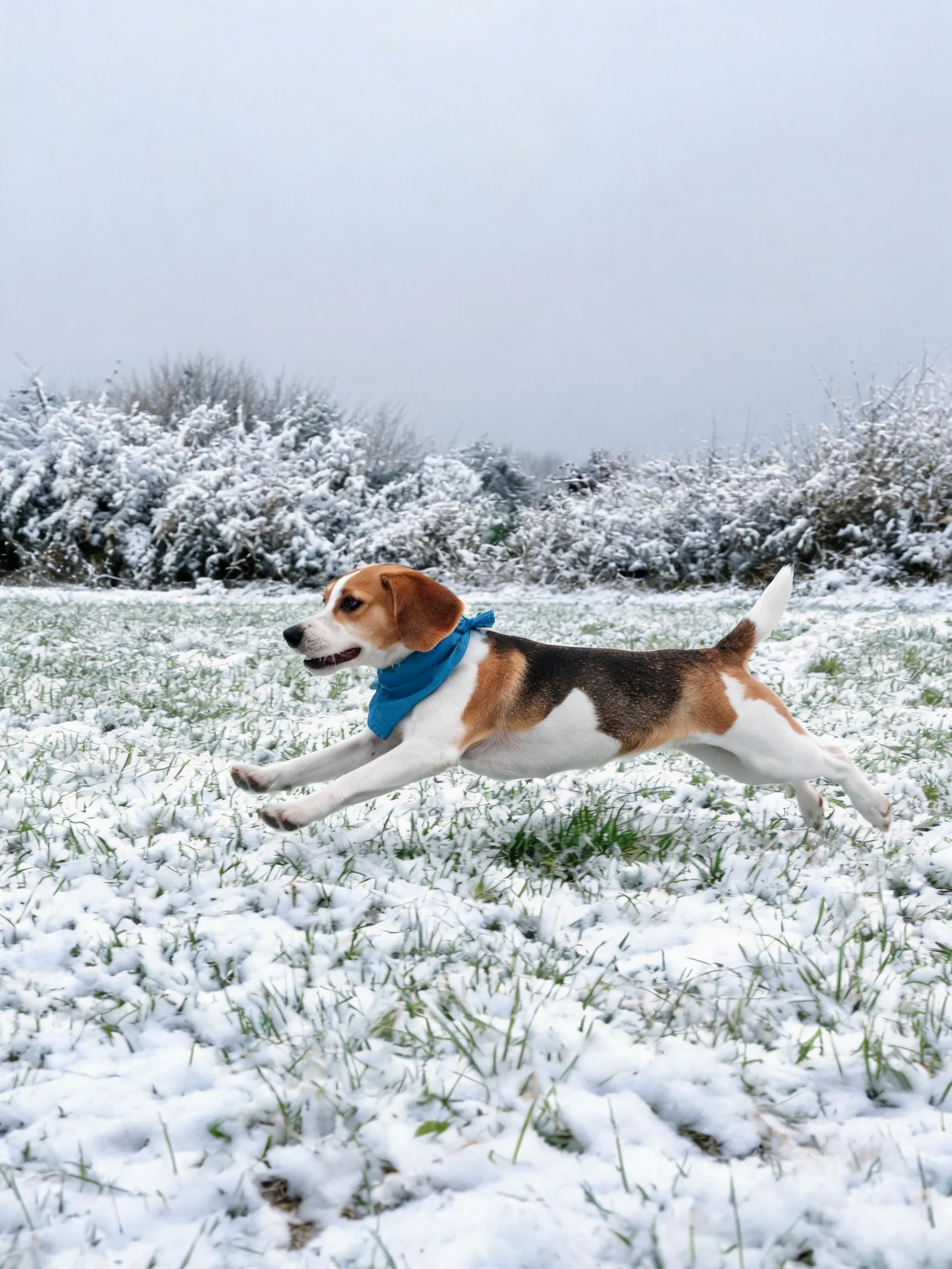 比格犬展现三色皮毛与跳跃时的肢体形态,在雪地环境中奔跑。