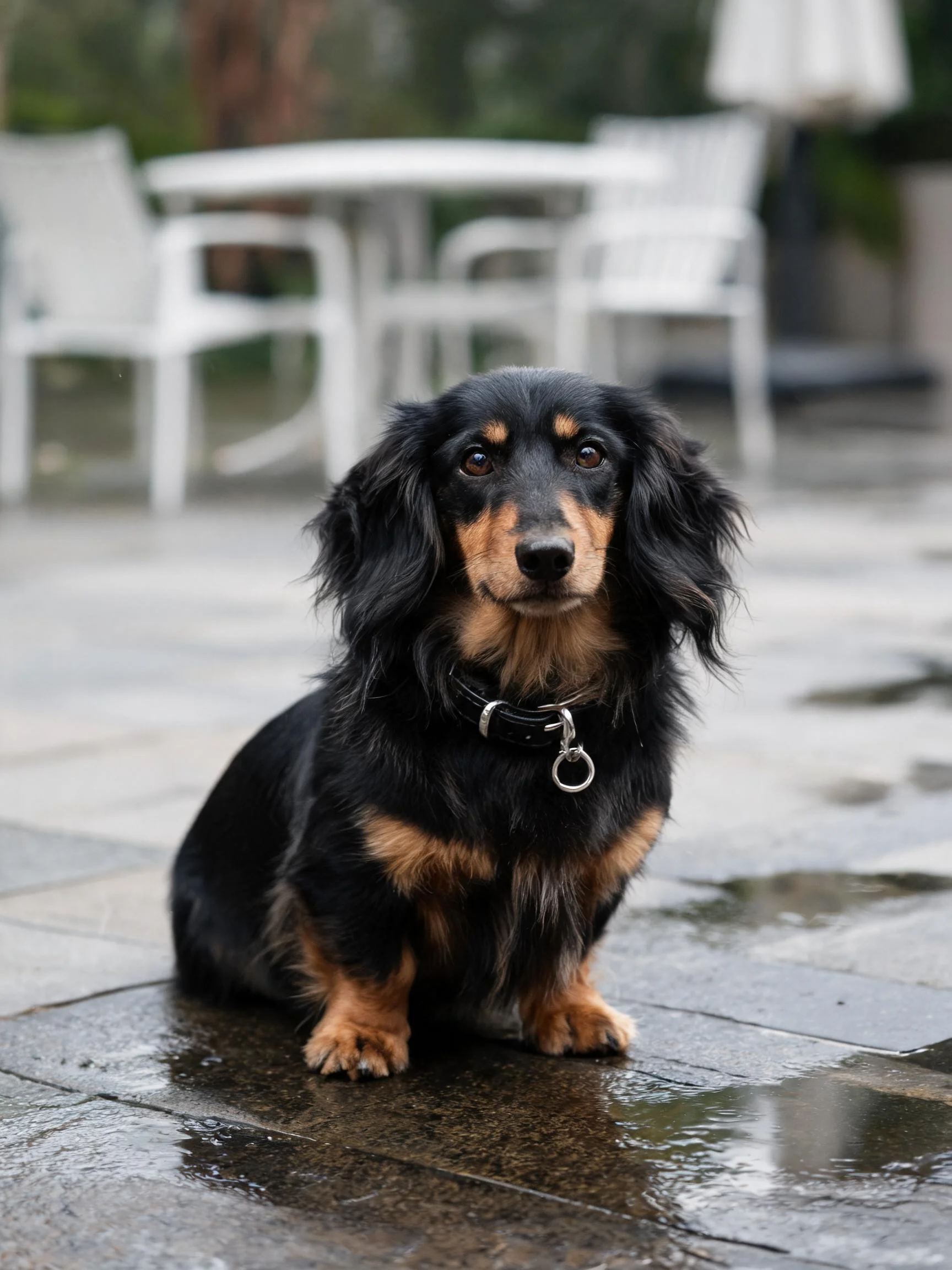 长毛腊肠犬安静地坐在潮湿的石板路面上,黑棕色相间的毛发湿润顺滑。