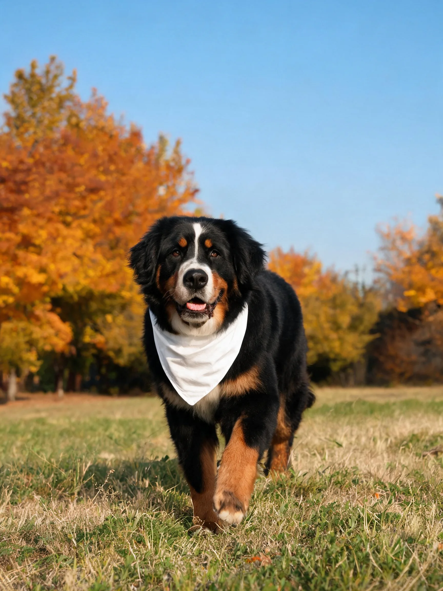 伯恩山犬在草地上行走,展现出其标志性的三色被毛与稳健的姿态。