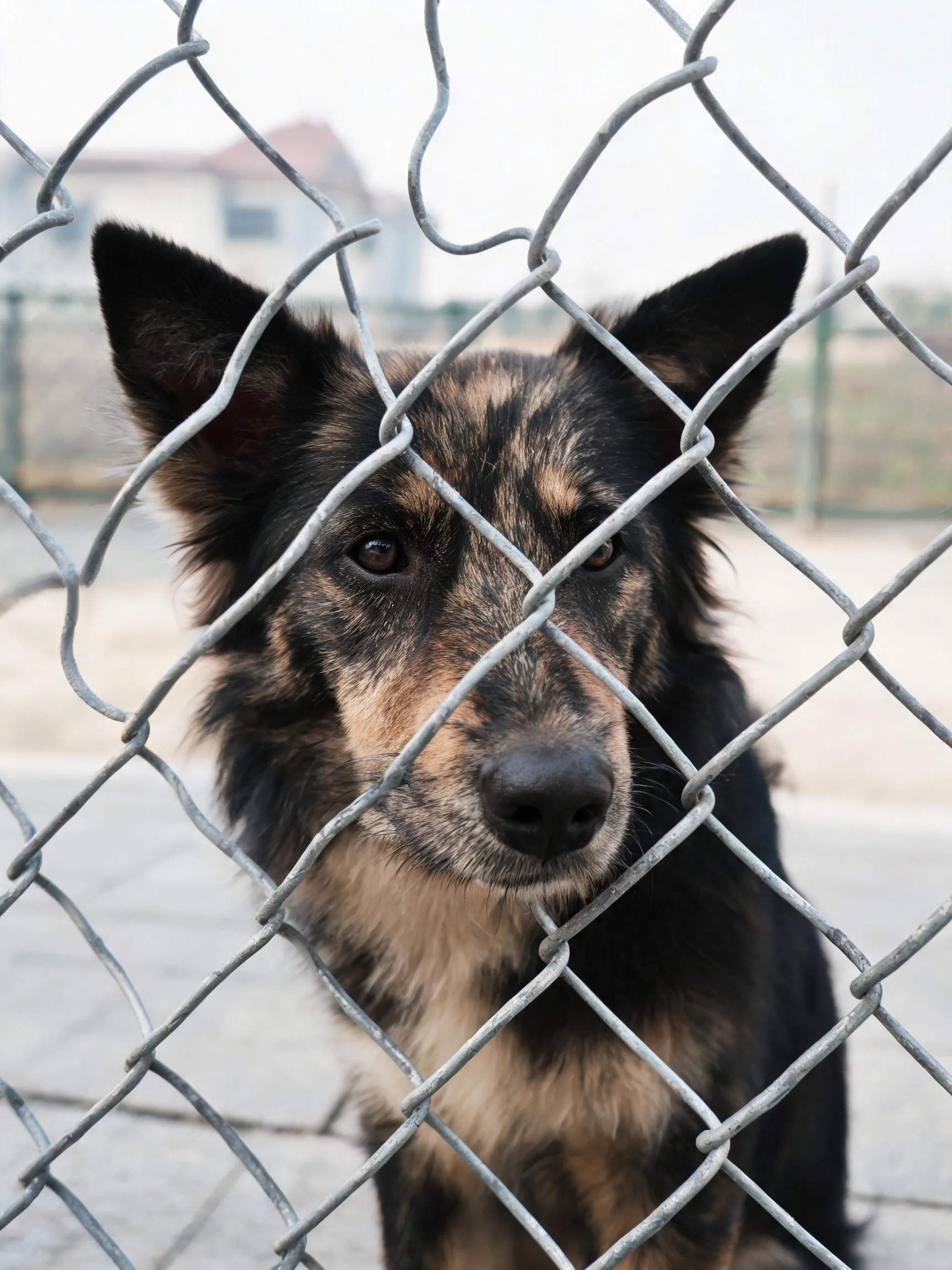 混合犬站在铁丝网后,黑棕色毛发清晰可见,眼神专注地注视着镜头方向。