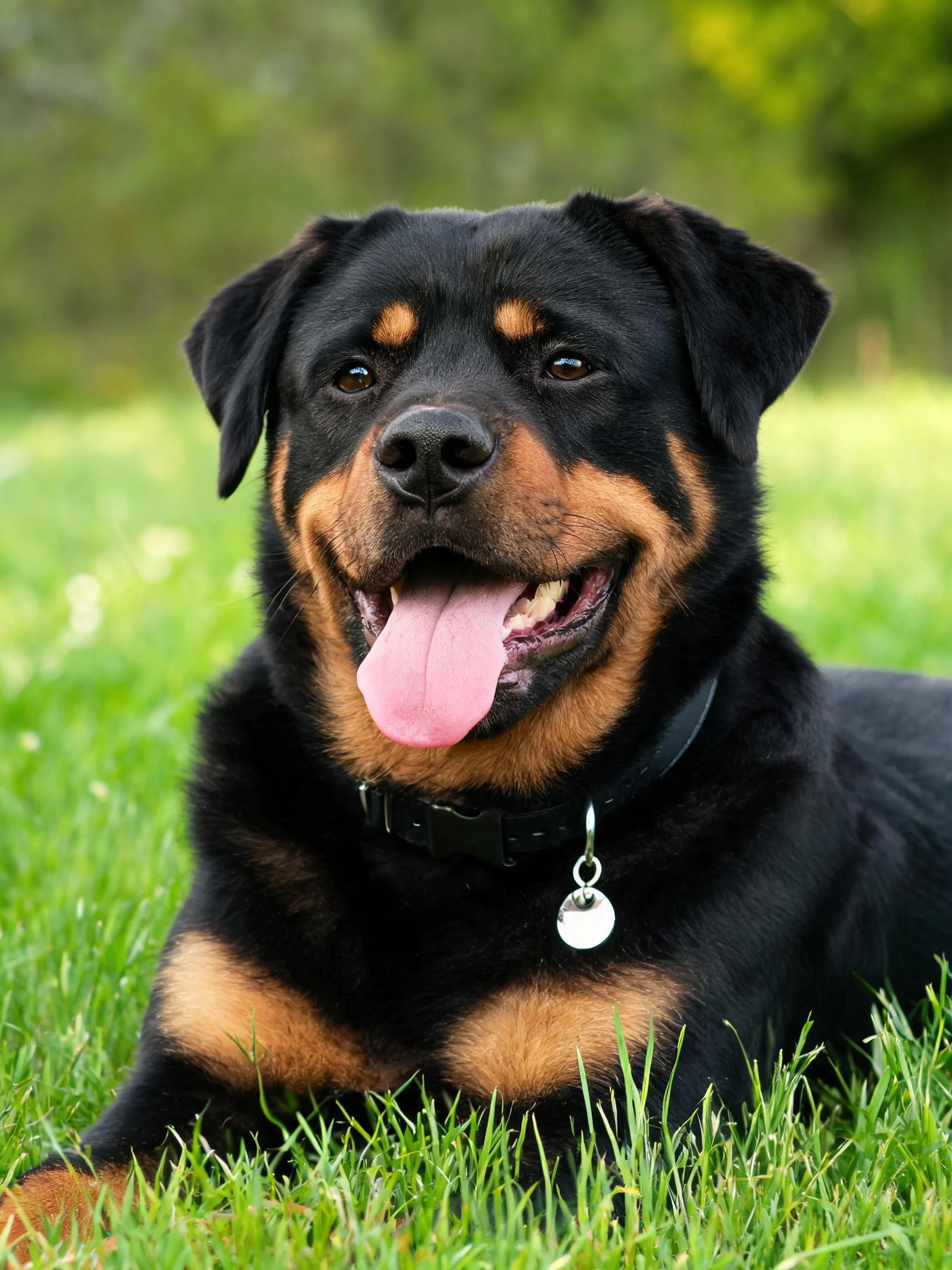 一只罗威纳犬正趴在在草地上,嘴巴张开露出粉红色舌头,黑色的毛发带有棕色斑纹。