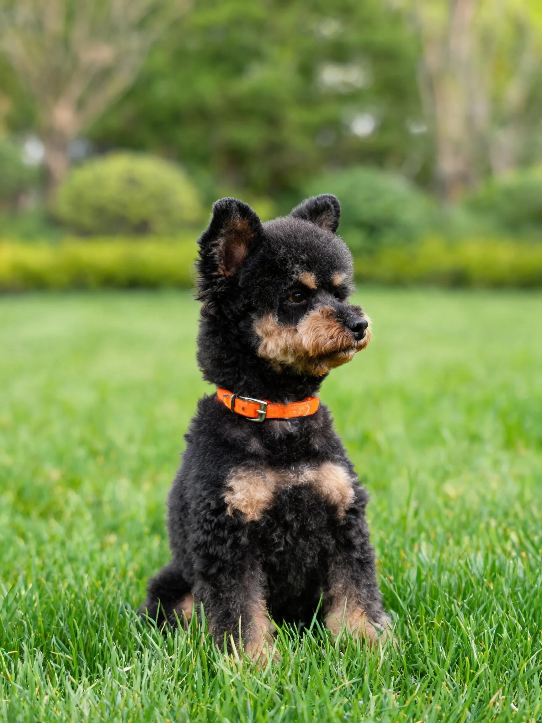 一只迷你贵宾犬,黑色卷曲毛发带有浅棕色斑纹,佩戴橙色项圈,安静地坐在绿色草坪上,耳朵竖起注视前方。