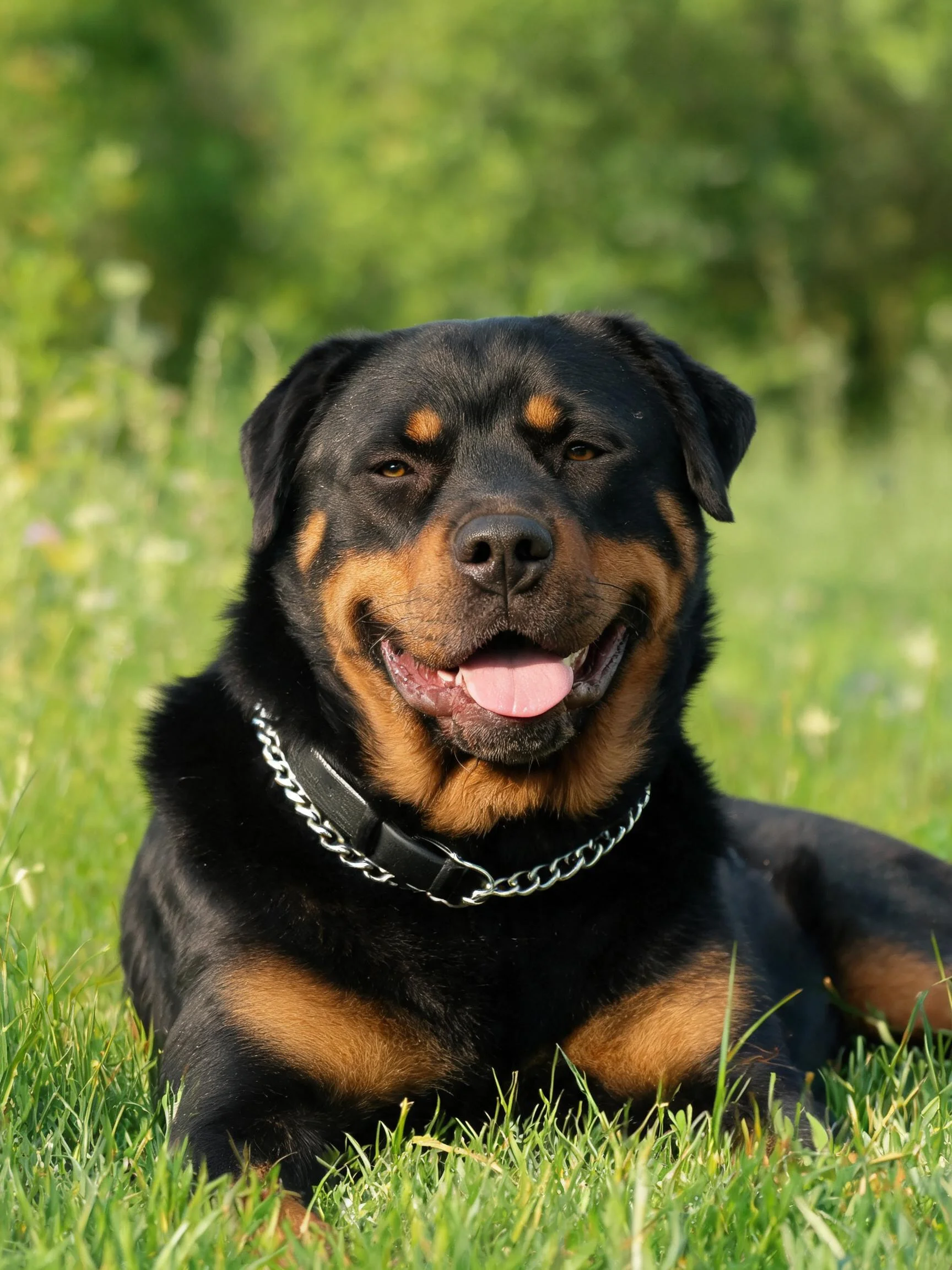 罗威纳犬趴在绿色草地上,黑色带带有棕色斑纹,佩戴金属链条项圈,嘴巴张开露出舌头舌头。