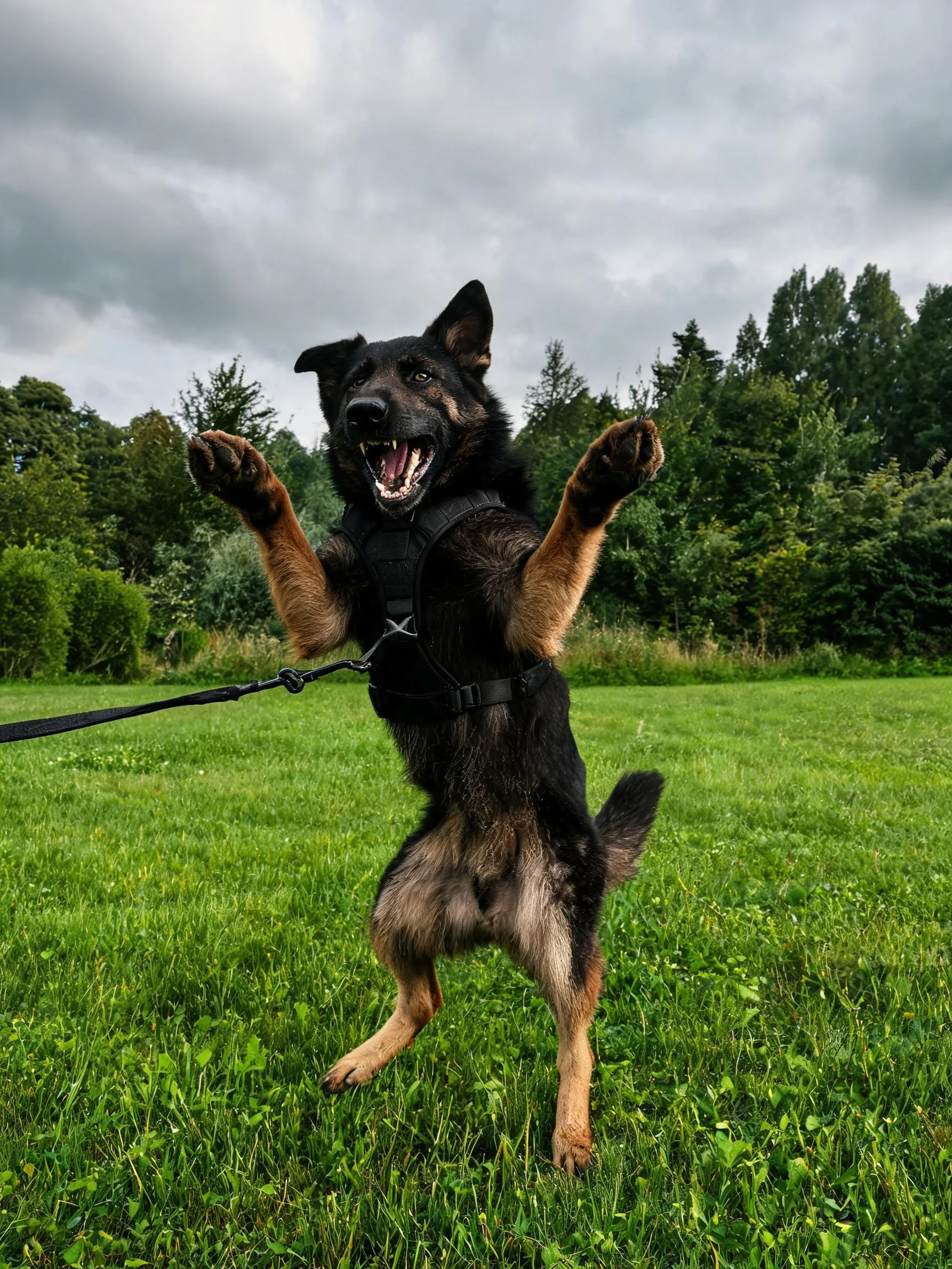 一只德牧犬站立着,黑棕相间的毛发清晰可见,身穿训练背带,呈现跳跃姿态。