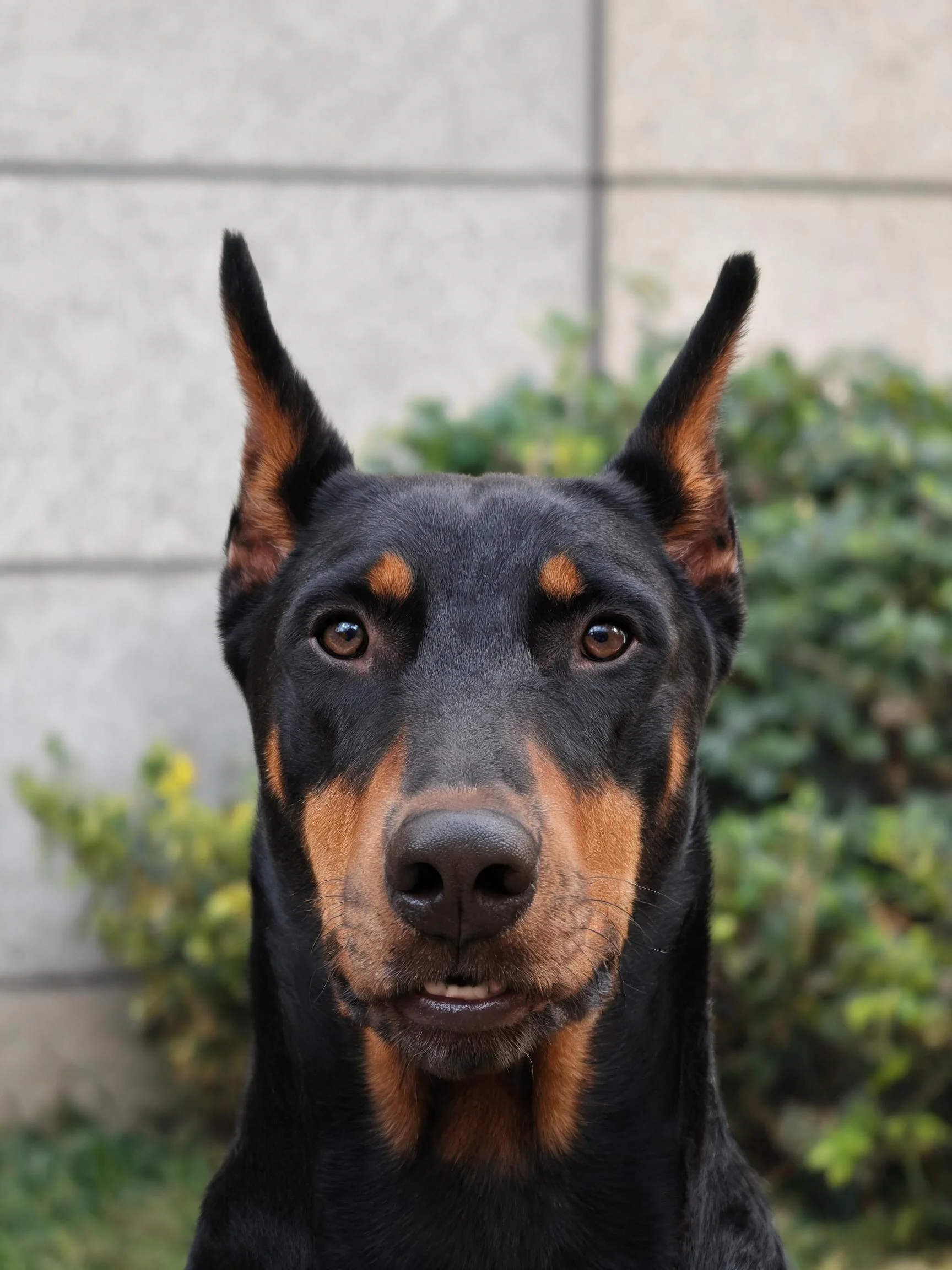 一只道伯曼犬,黑色带棕色斑纹,耳朵竖立,眼神专注。