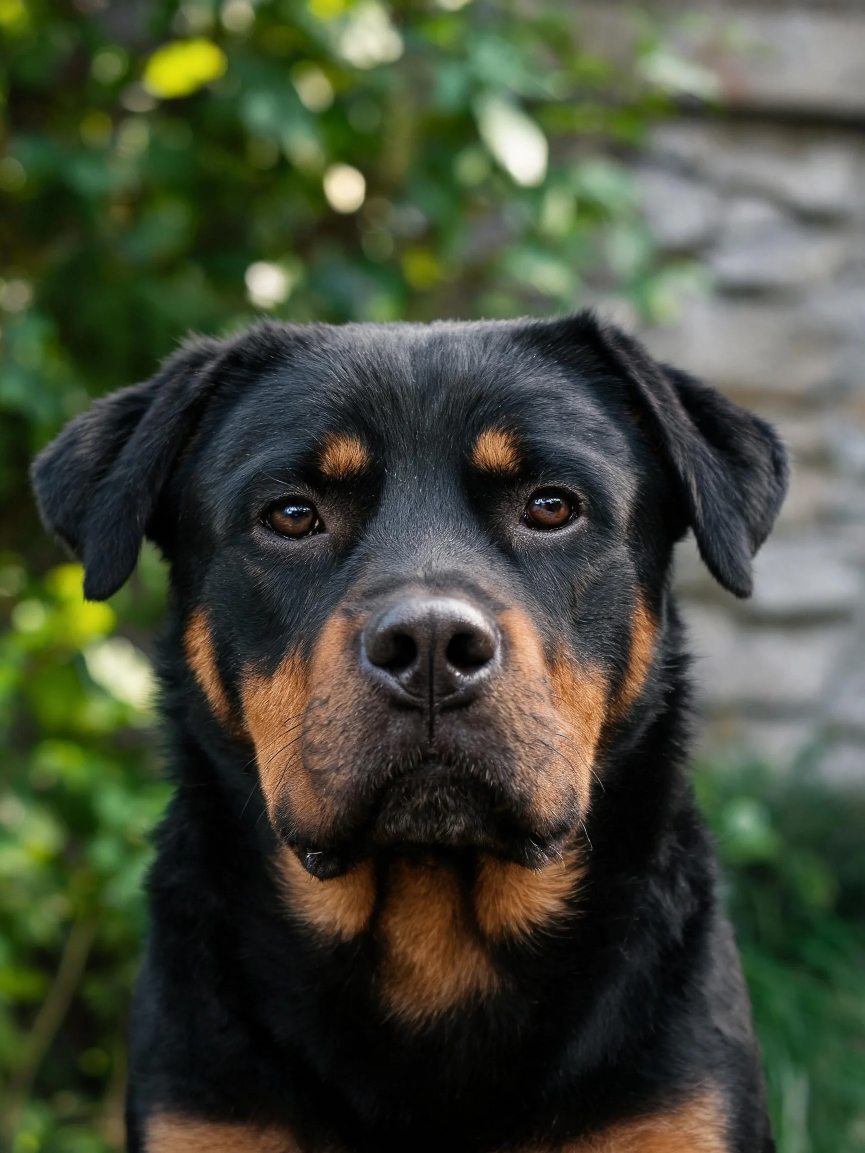 照片中是一只罗威纳犬,它有着典型的黑棕色毛发,黑色鼻头与周围毛发形成鲜明对比,眼神专注地注视着镜头。