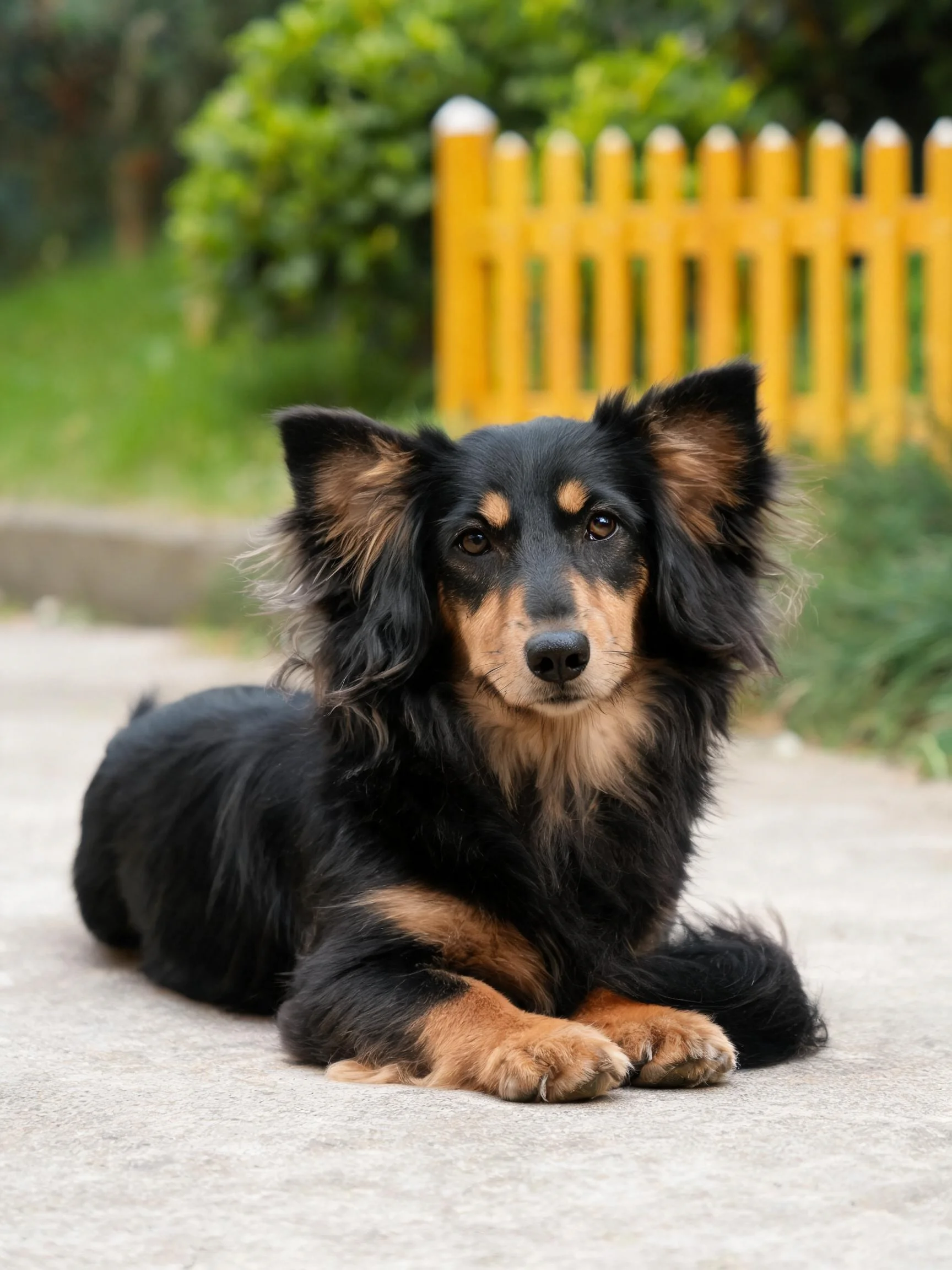 一只长毛混色犬安静趴在户外水泥地面上,身体主要为黑色毛发搭配棕色毛发,耳朵大且毛发柔软。