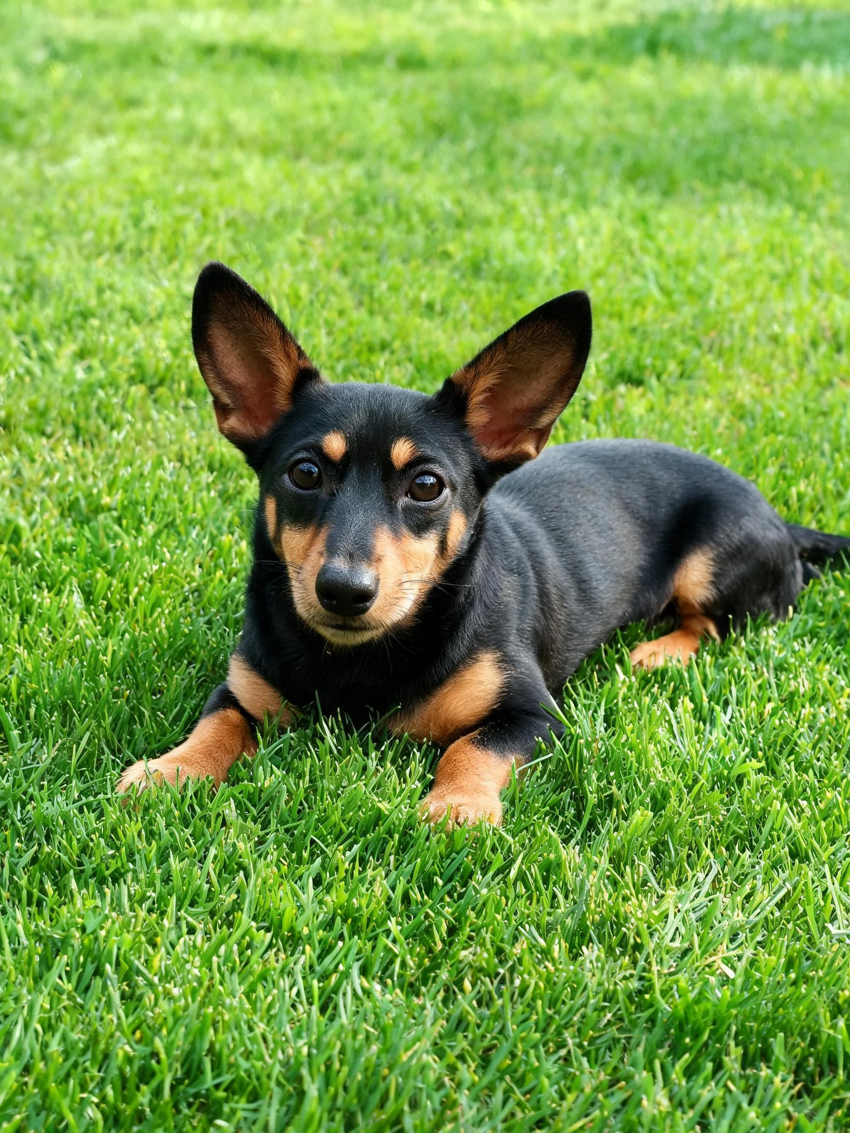 曼彻斯特硬毛猎犬幼犬有着黑色与棕色相间的毛发,耳朵宽大竖立,安静地趴卧在草地上。