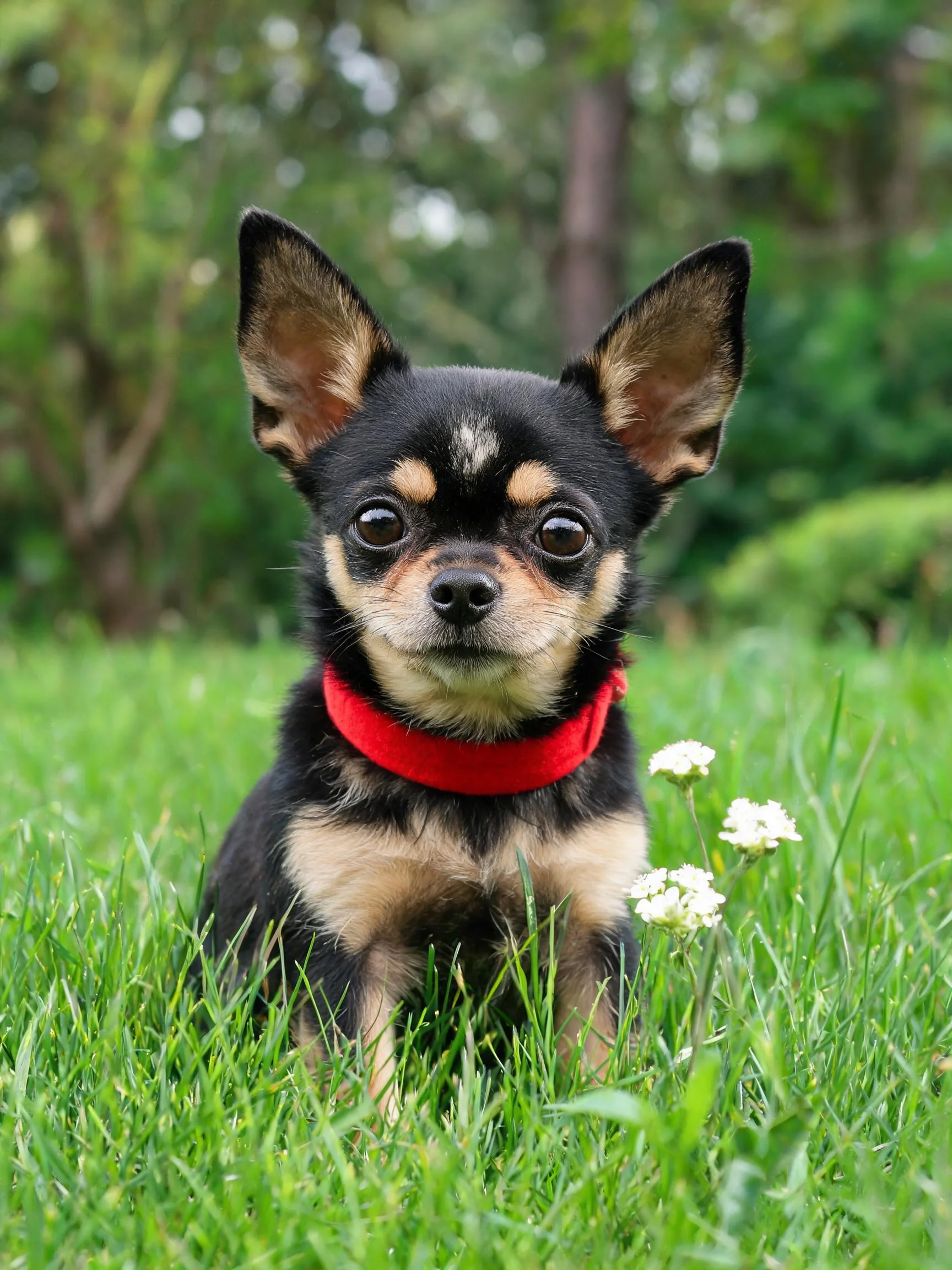 吉娃娃犬有着黑色和浅棕色相间的毛发,戴着红色项圈,正安静地坐在草地上。