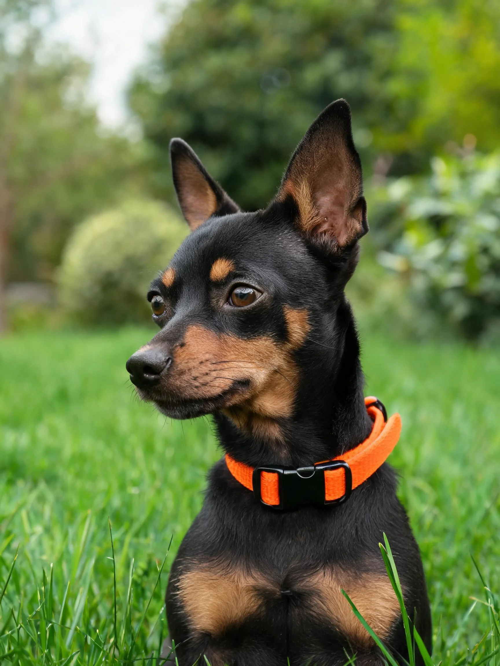 一只迷你杜宾犬戴着橙色项圈,黑色与棕色相间的被毛,耳朵竖立凝视远方。