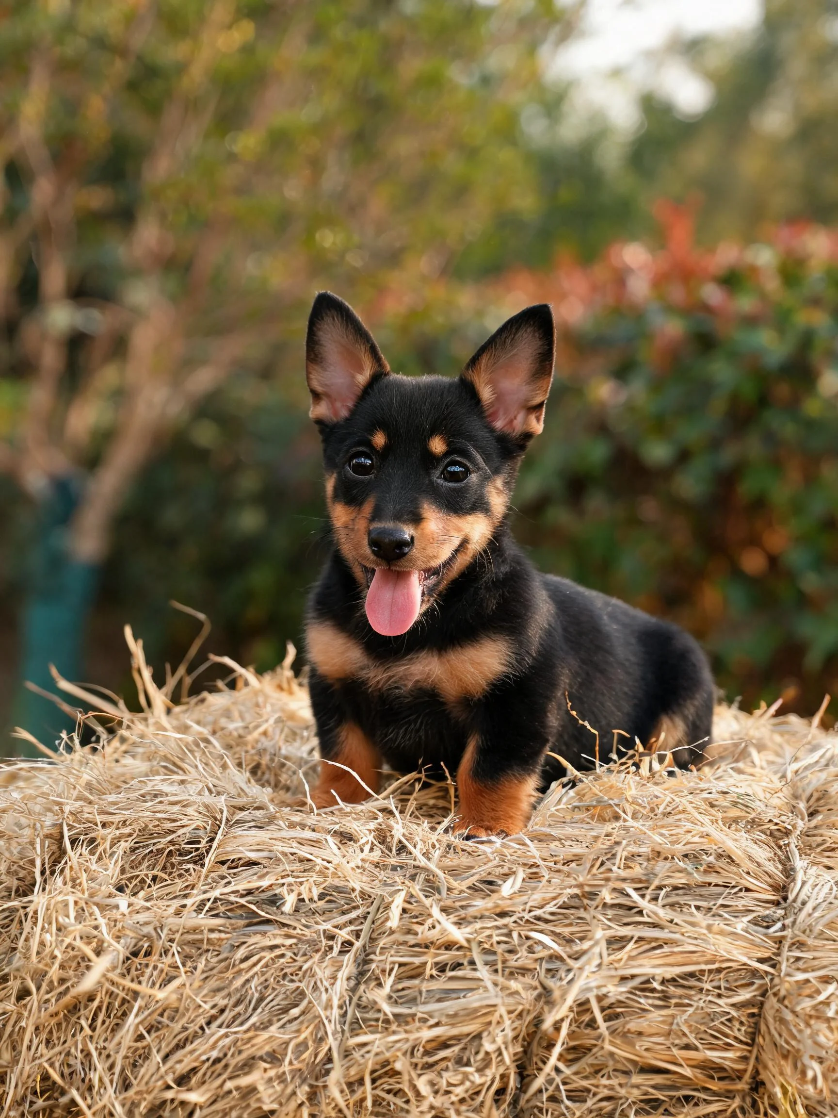 一只小型混血梗类犬趴在稻草堆上,黑色的被毛搭配浅棕色斑纹,嘴巴张开露出湿润的舌头。