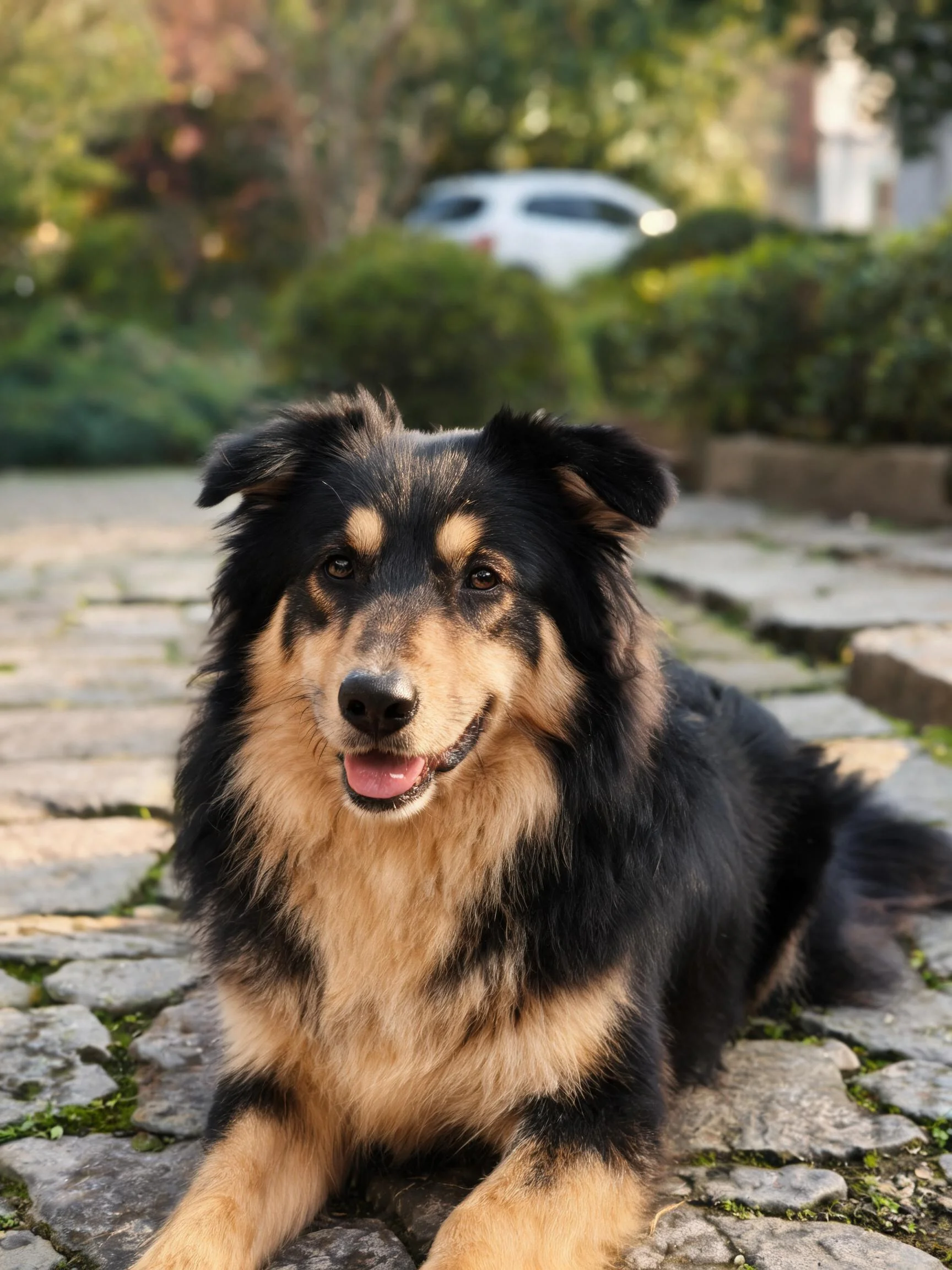 一只黑白相间的边境牧羊犬趴在石板路上,毛发蓬松,嘴巴张开露出舌头。