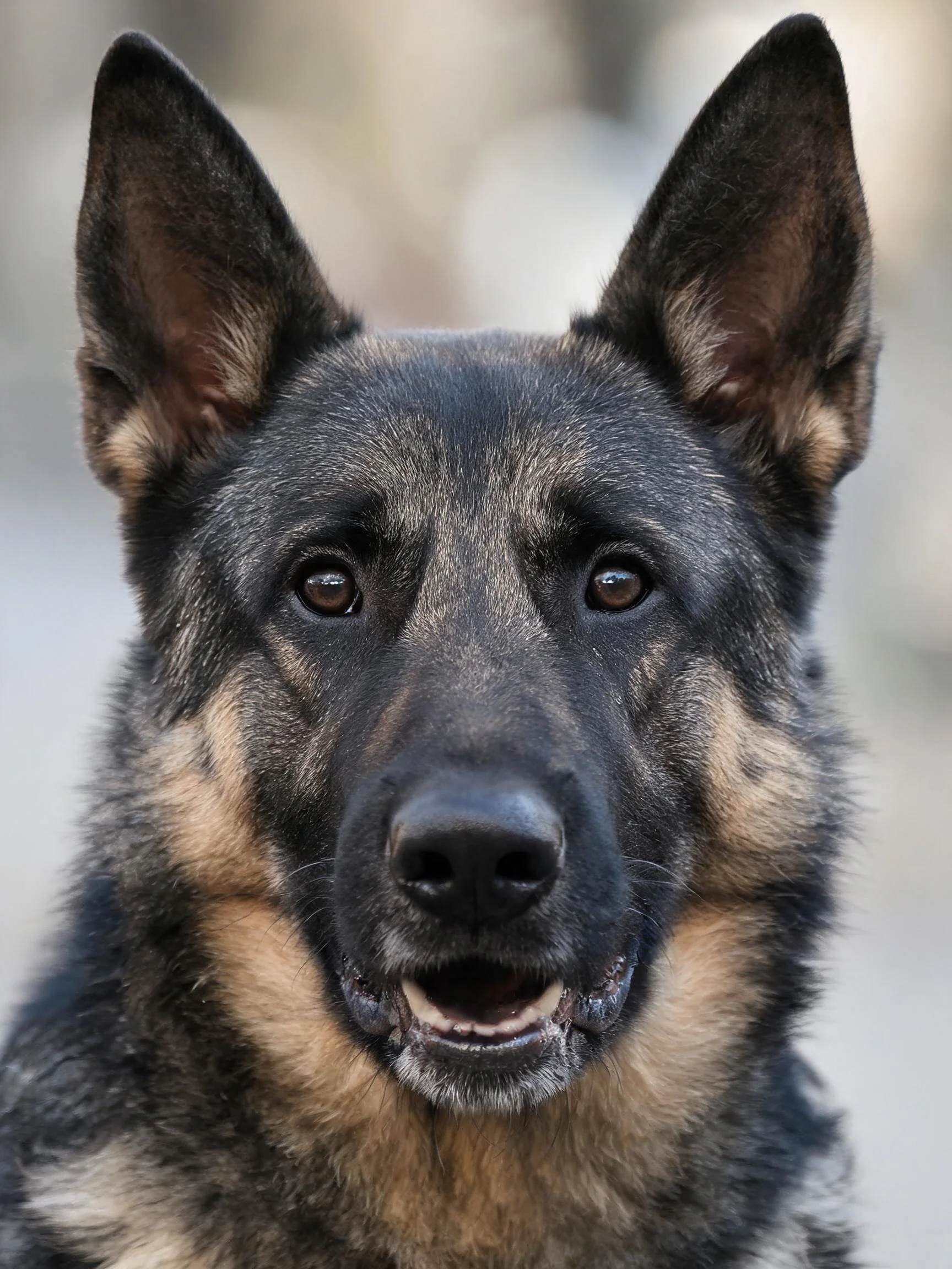 德国牧羊犬有着黑棕色相间的被毛,耳朵竖立,嘴巴微微张开。
