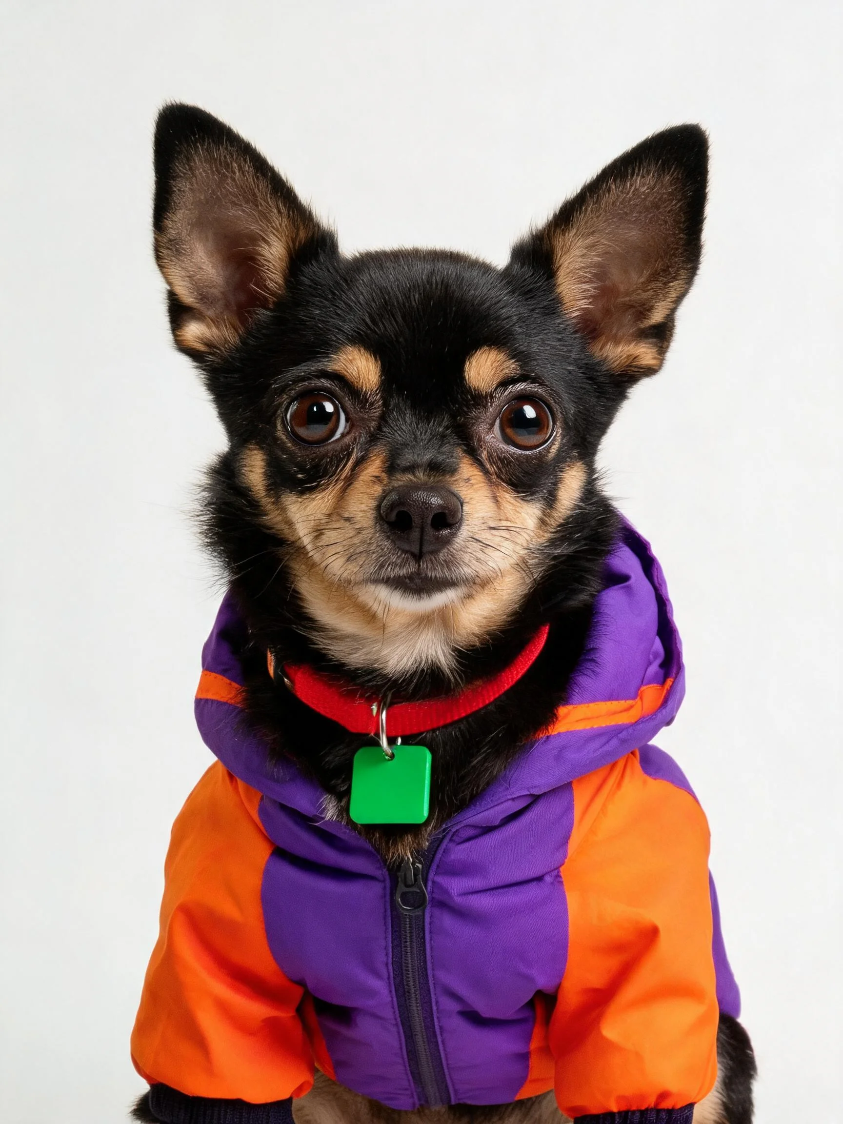 吉娃娃犬身穿紫橙相间带帽外套，眼神专注地注视着镜头方向。