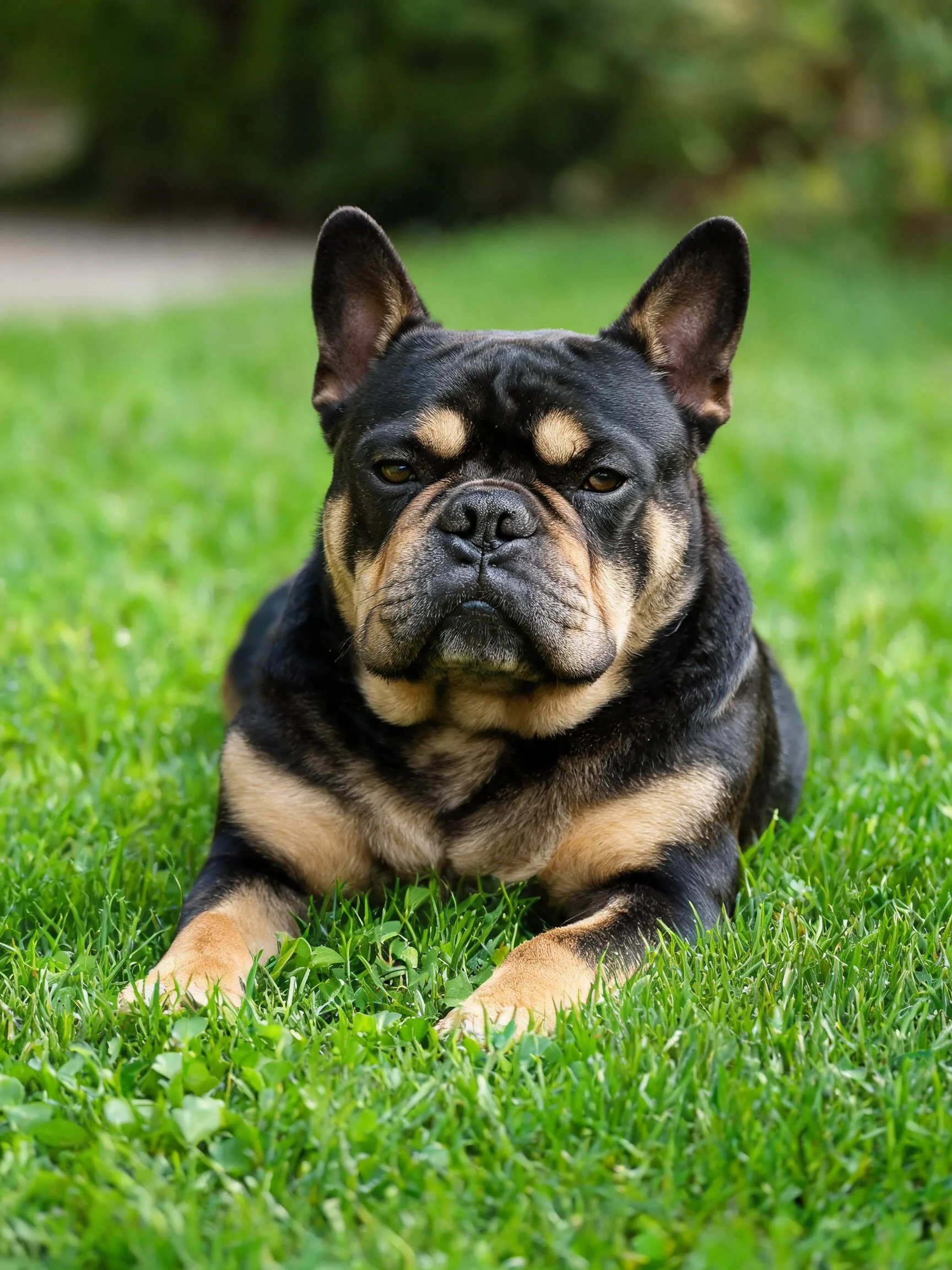 法国斗牛犬安静趴卧在绿色草地上,黑色与浅棕色皮毛对比明显,姿态放松。