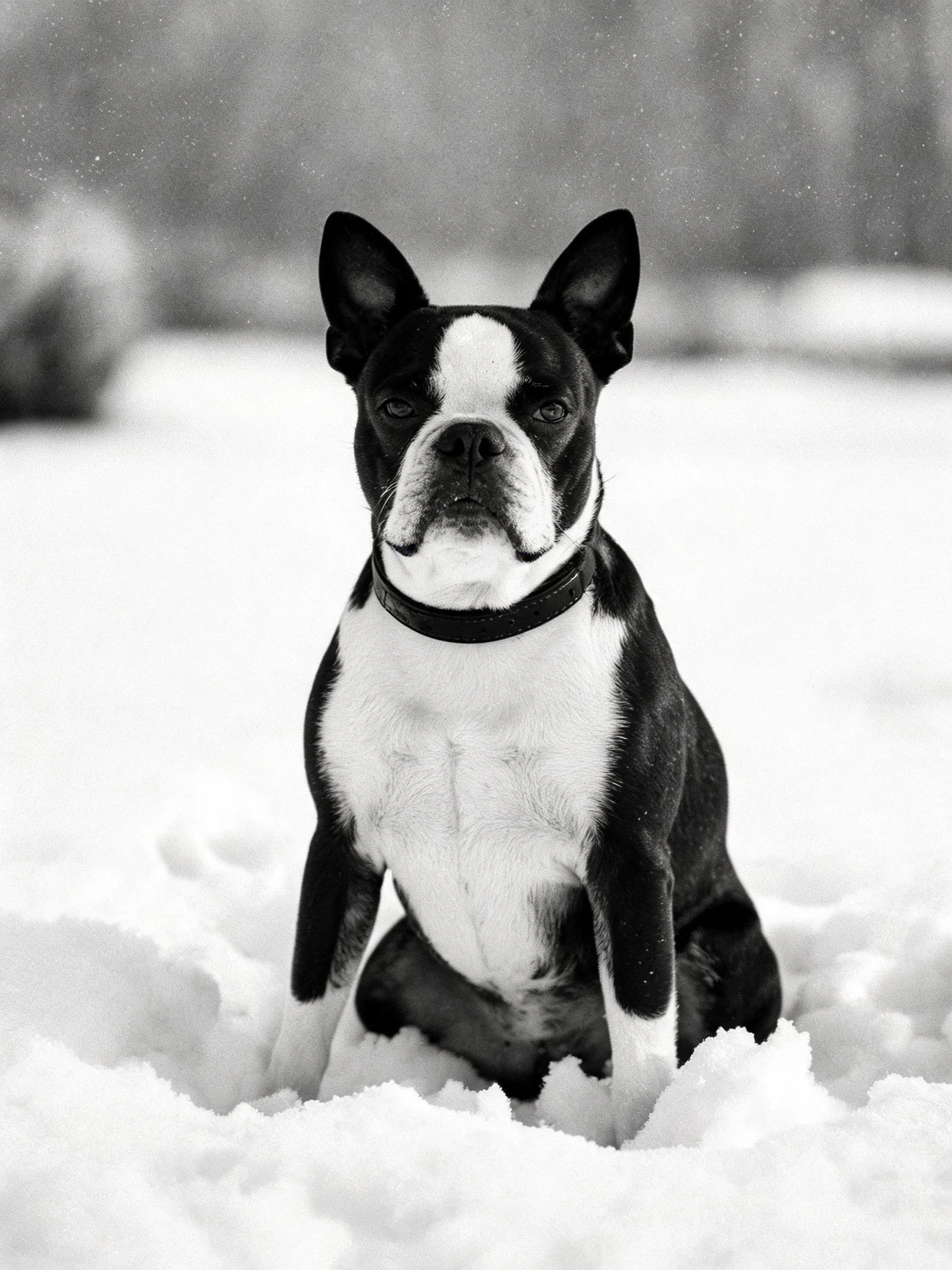 一只波士顿梗犬坐在雪地中,黑白相间毛发,爪子陷入积雪处。