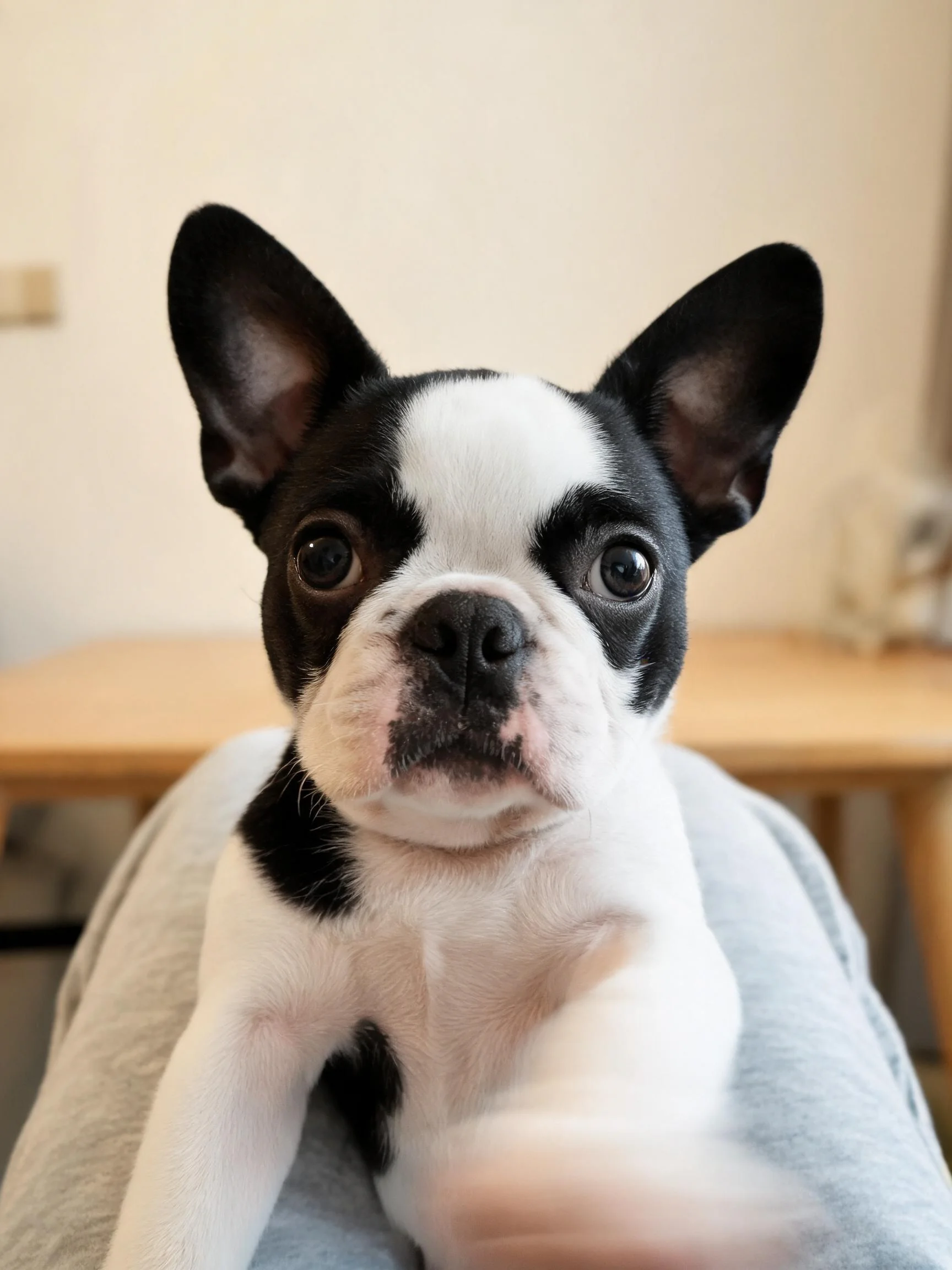 波士顿梗幼犬有着黑白相间的被毛,短而柔软的毛发贴附在身体上,眼神专注地注视前方。