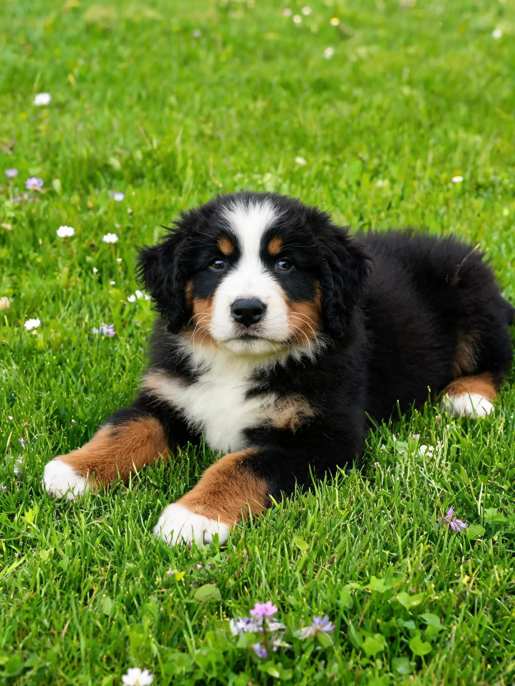 伯恩山犬幼犬，黑棕白相间的毛发清晰可见，趴卧在阳光照耀的草地上。