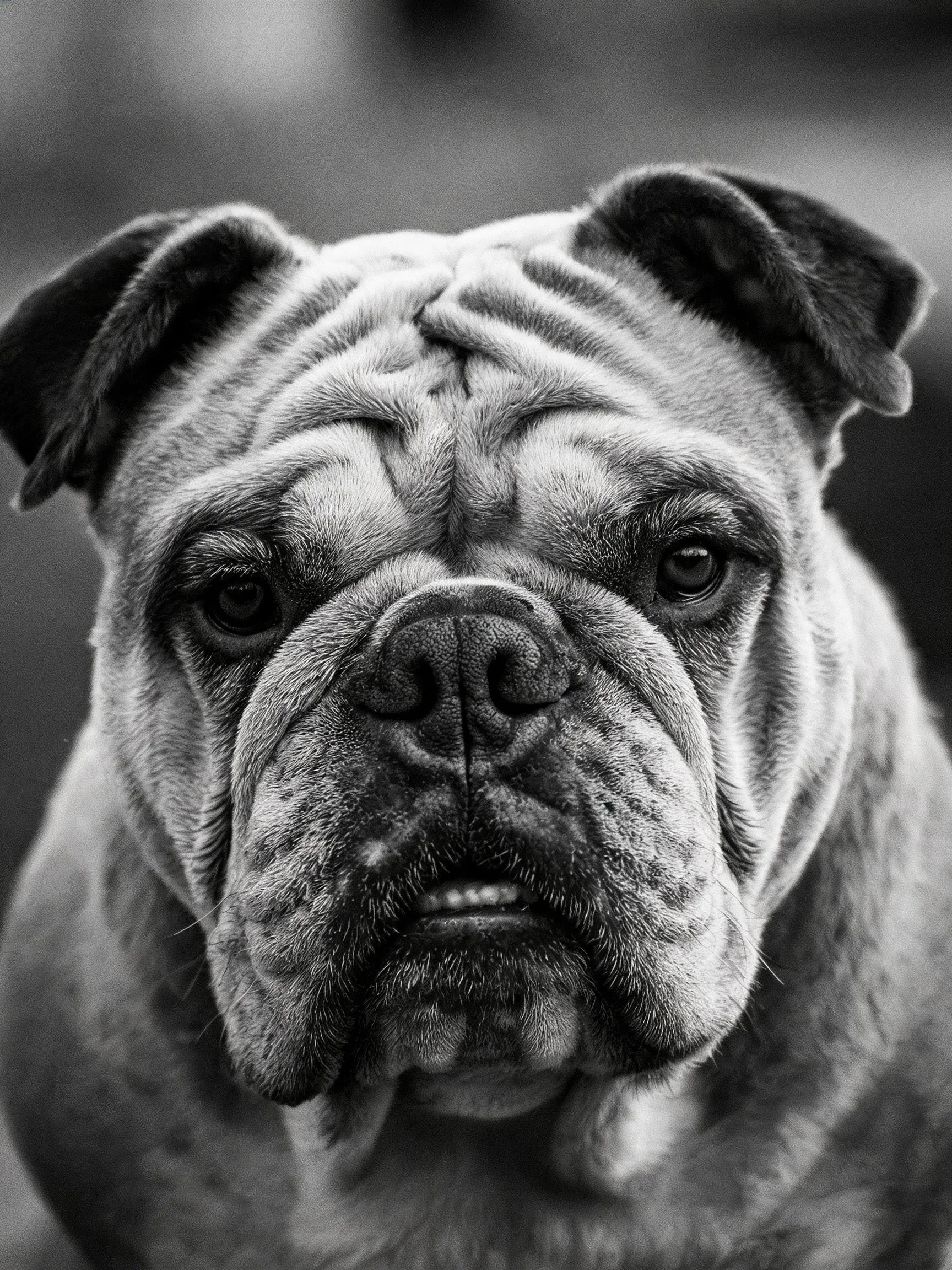 英国斗牛犬的面部特写显示其典型褶皱皮肤和宽阔头部,黑色鼻头与浅色毛发形成对比。
