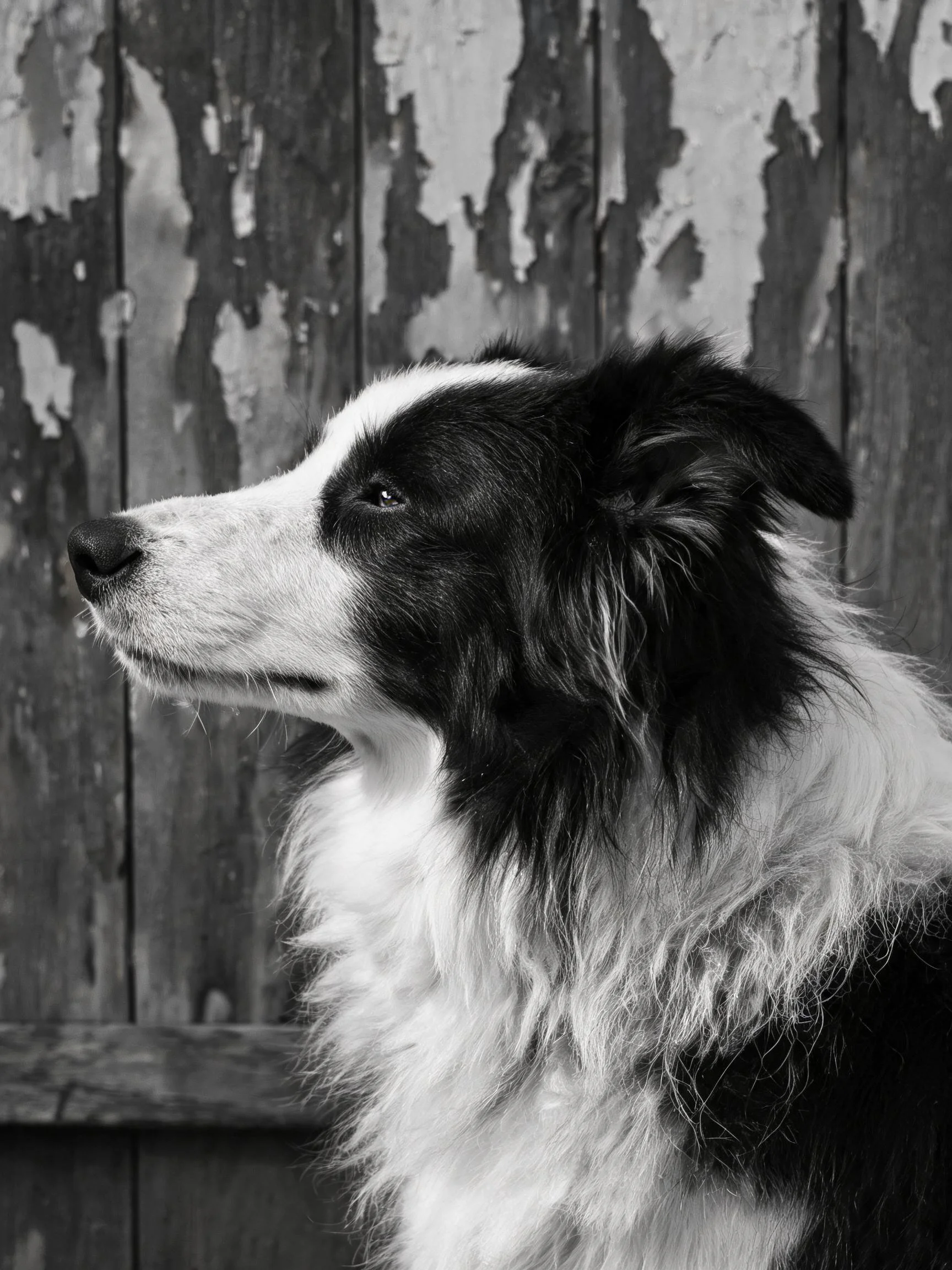 边境牧羊犬黑白相间的皮清晰可见,它正专注地看向左侧方向,面部轮廓分明。