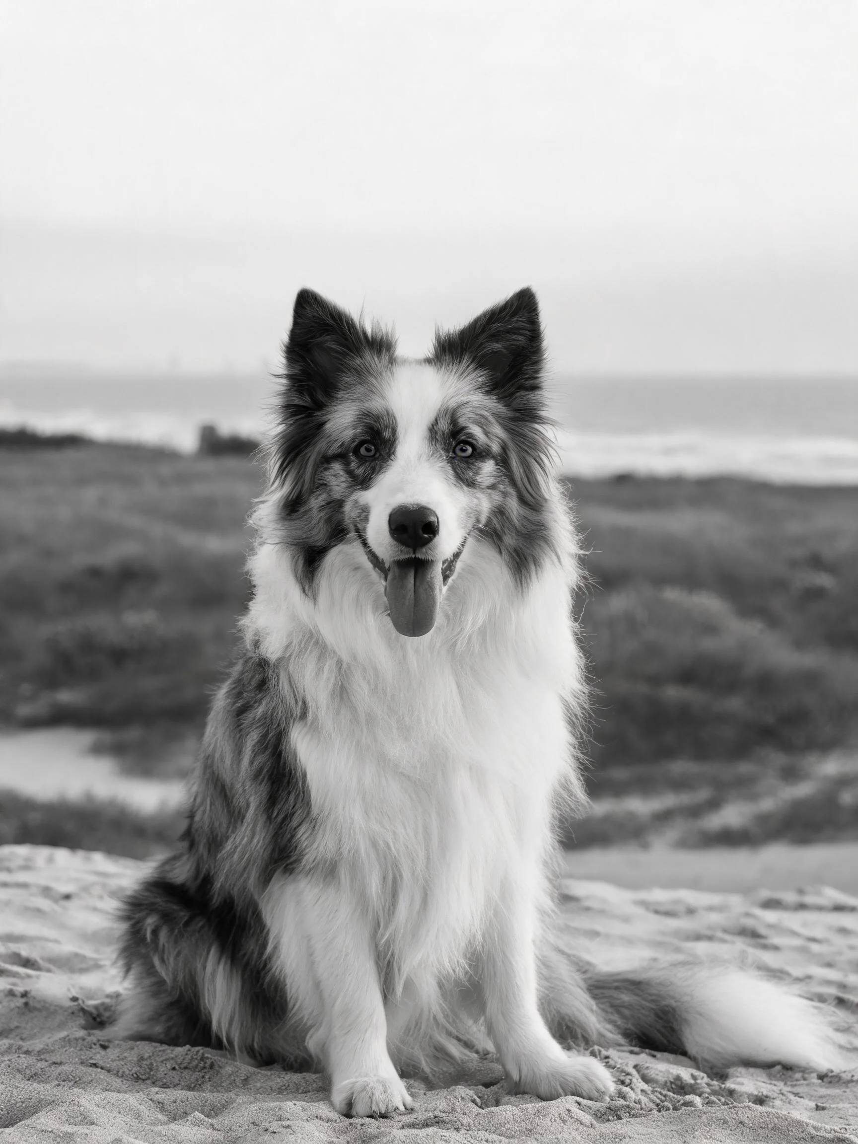 边境牧羊犬吐着舌头坐在海滩沙地上,黑白灰相间的毛发清晰可见。