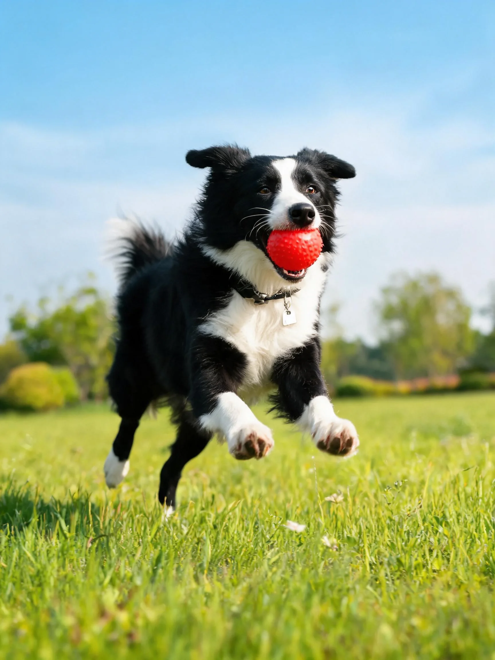 黑白边境牧羊犬叼着红色橡胶球奔跑,毛发短而浓密,动作充满力量。