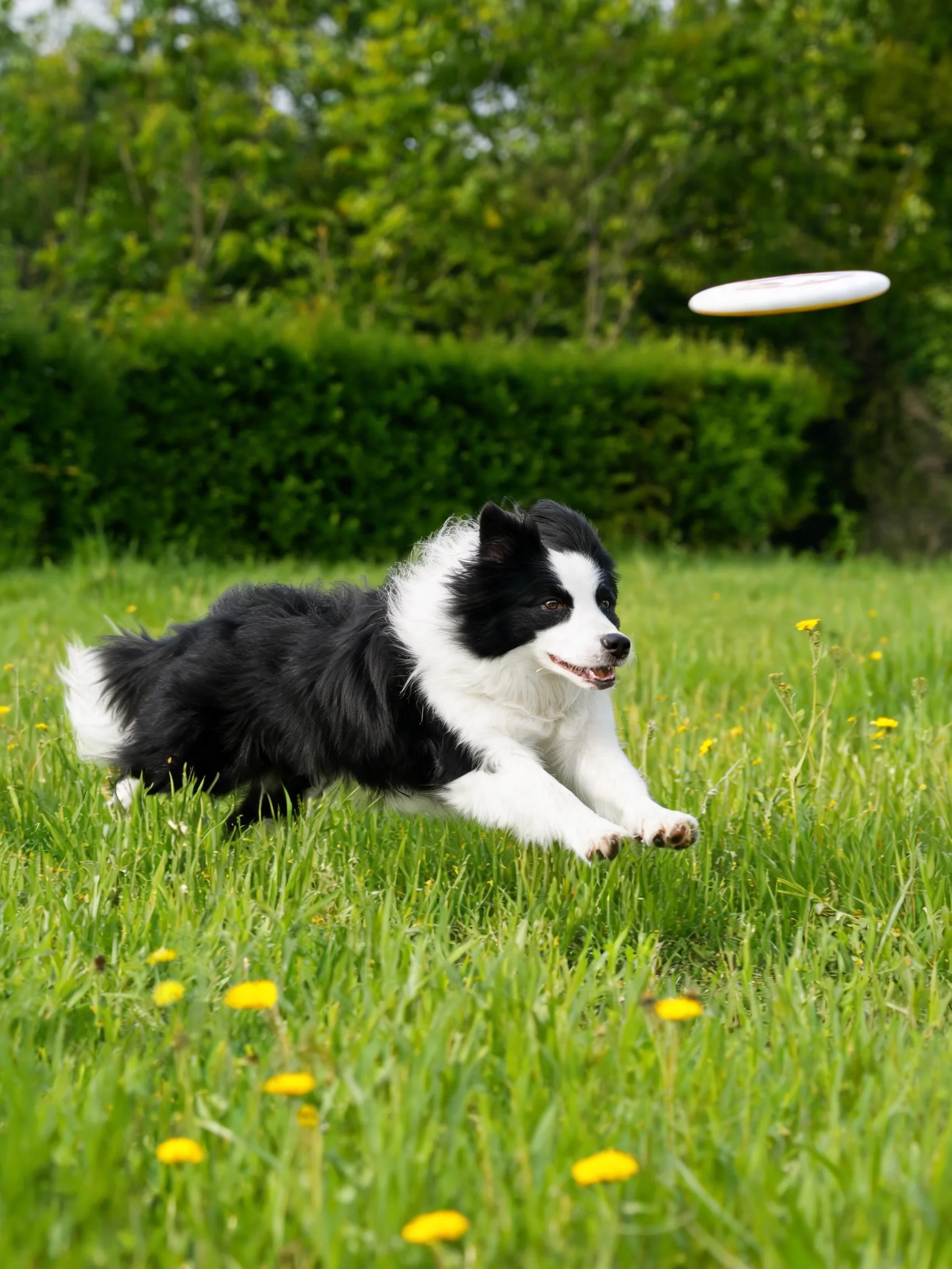 边境牧羊犬追逐空中飞盘,黑白毛发分明,前爪伸展姿态。