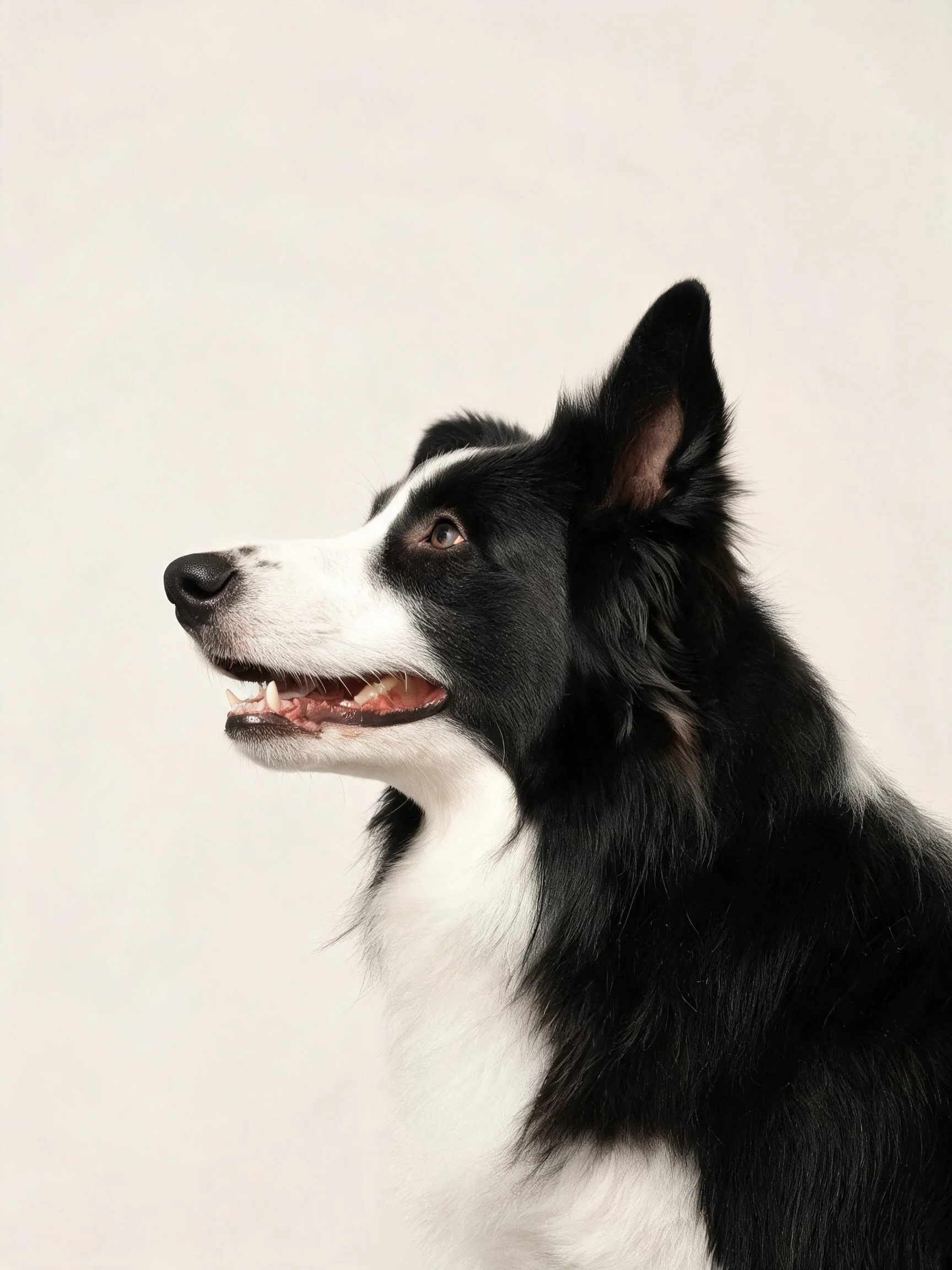 边境牧羊犬有着黑白相间的毛发,耳朵竖起,嘴巴张开露出牙齿。