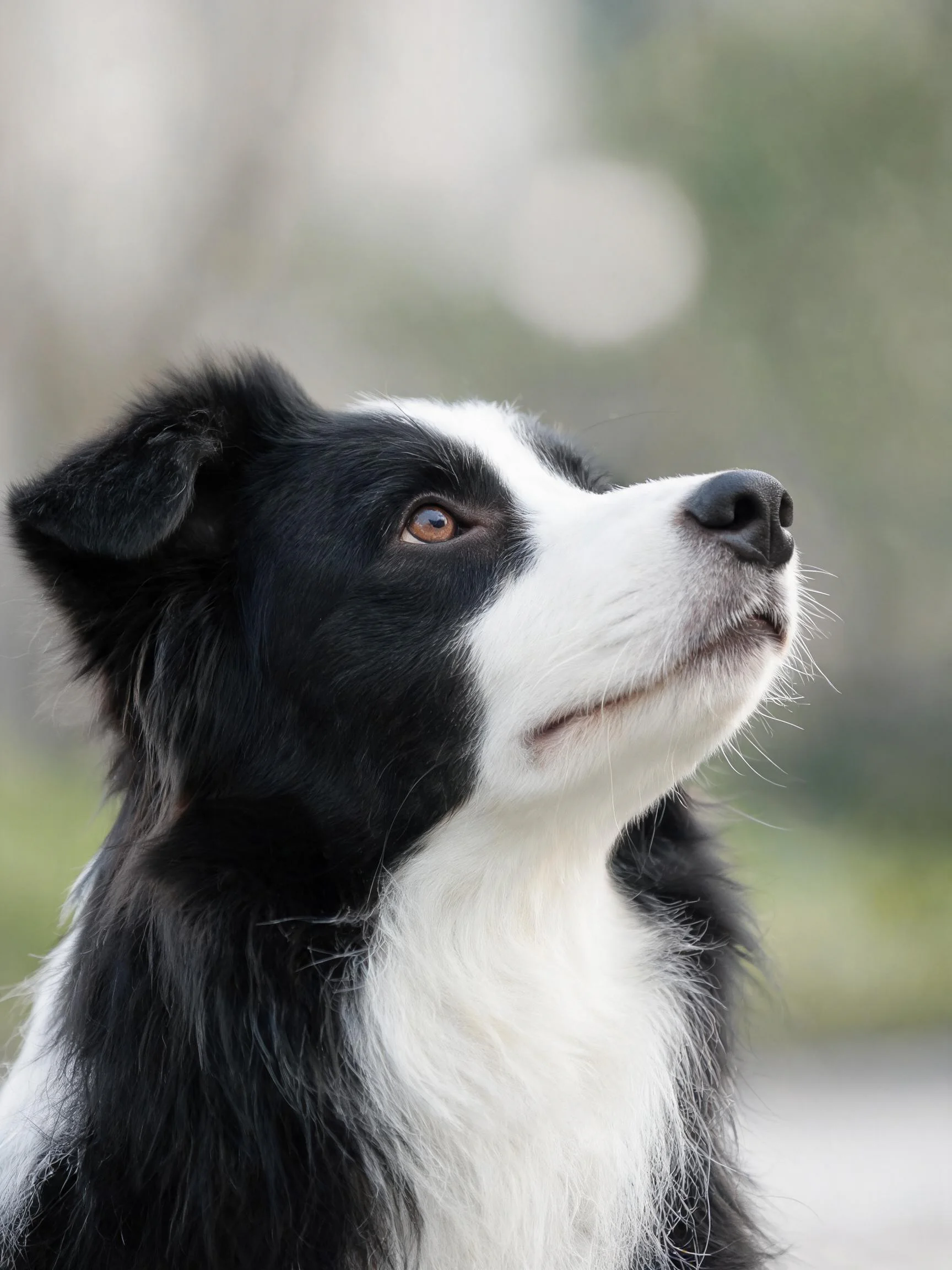 黑白边境牧羊犬目光专注地仰望上方,毛发短而整齐,面部轮廓清晰可见。