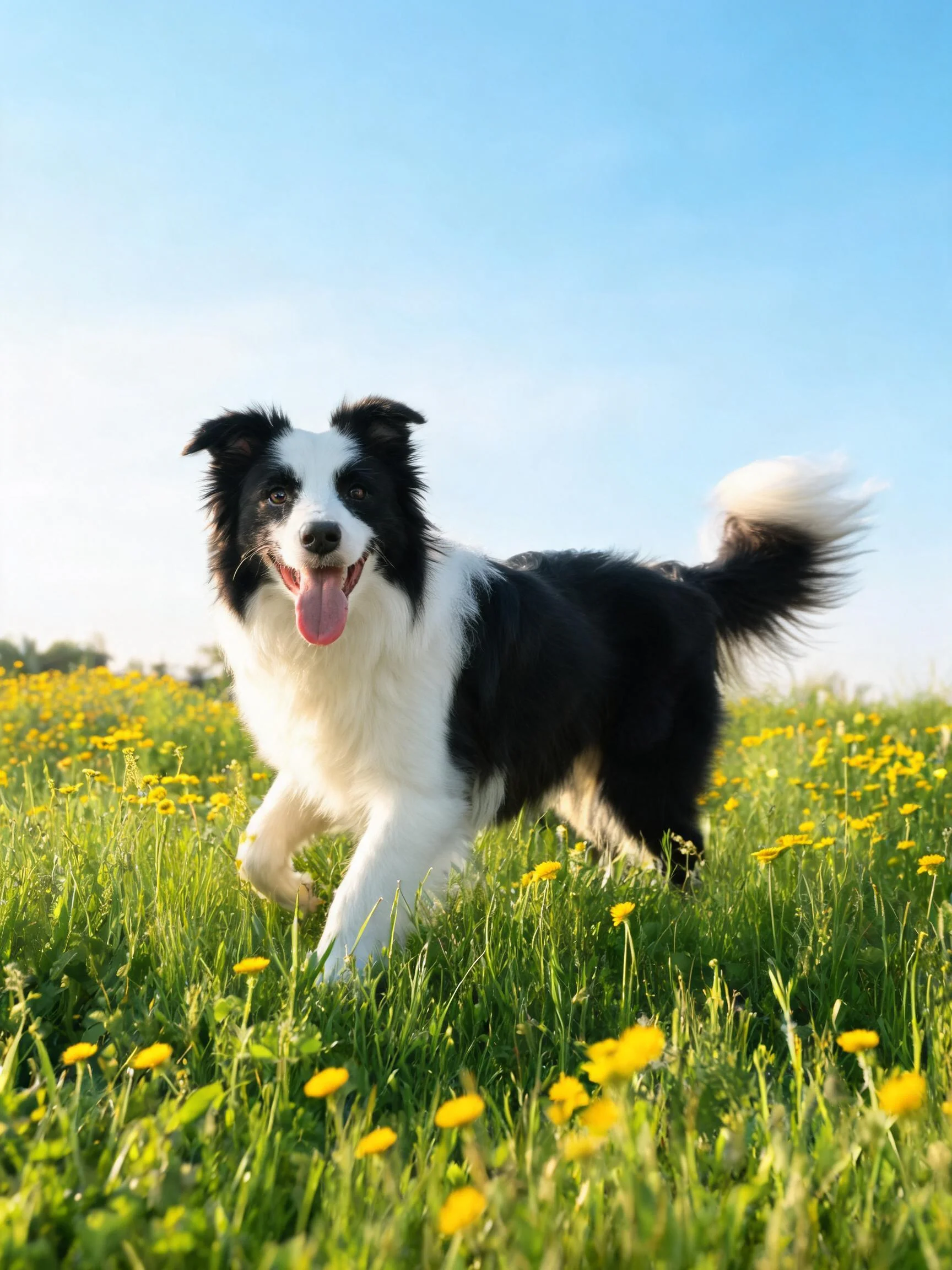 黑白相间的边境牧羊犬毛发蓬松,正欢快地在花草丛中奔跑。
