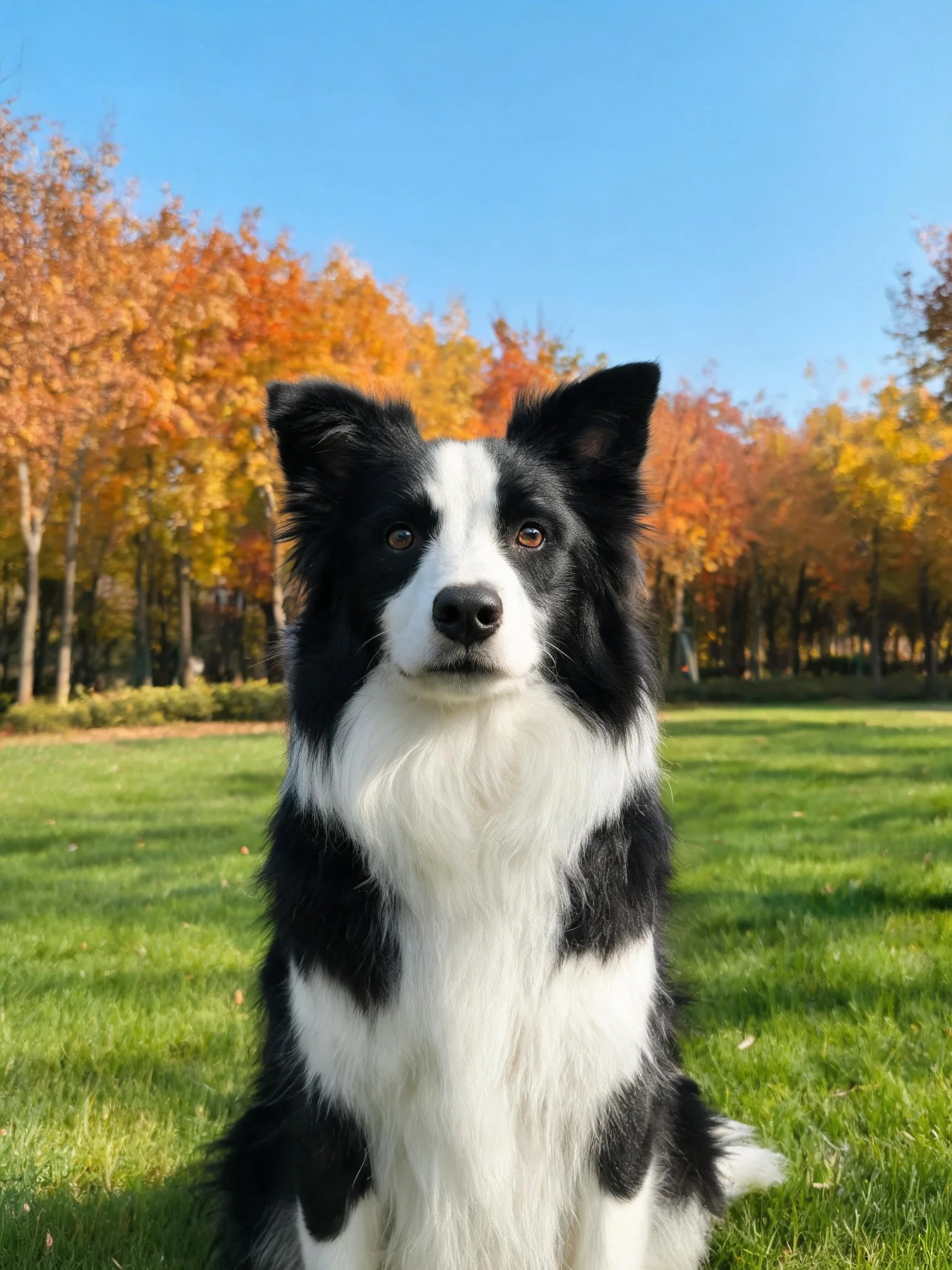 边境牧羊犬有着黑白相间的毛发,耳朵竖立,目光平静注视镜头方向。